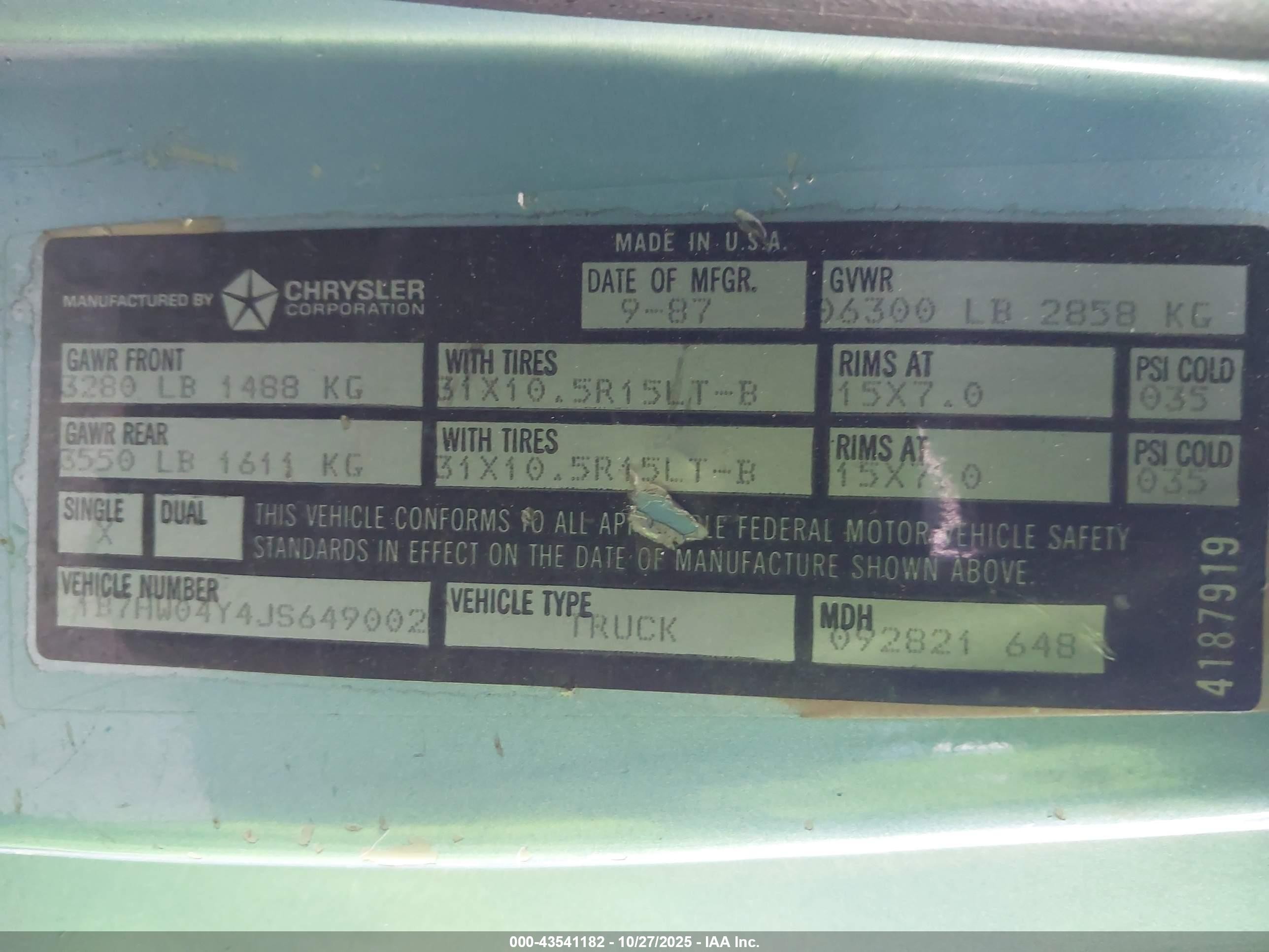 1988 Dodge W-series W100 Light Blue vin: 1B7HW04Y4JS649002