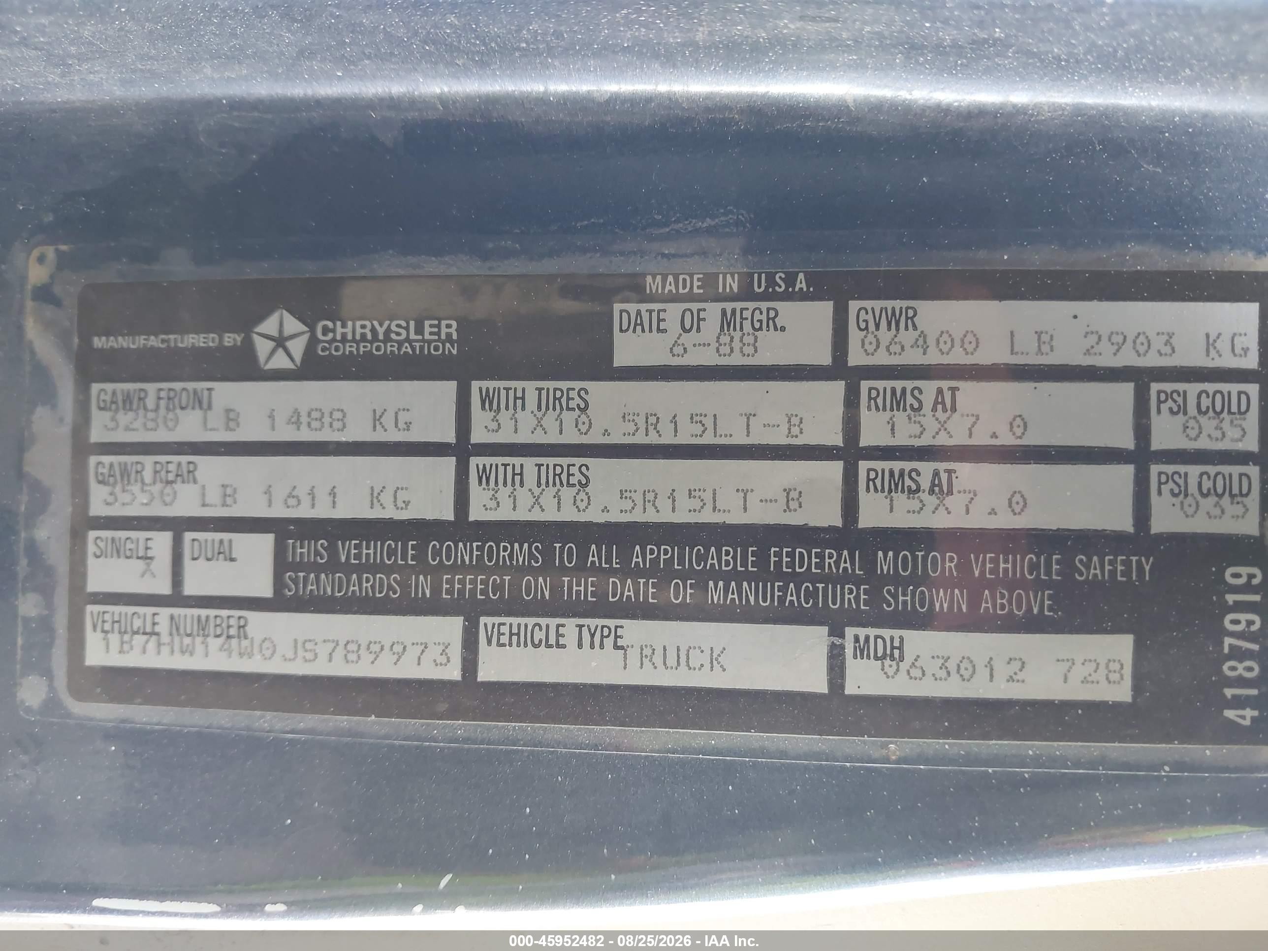 1988 Dodge W-series W150 Orange vin: 1B7HW14W0JS789973