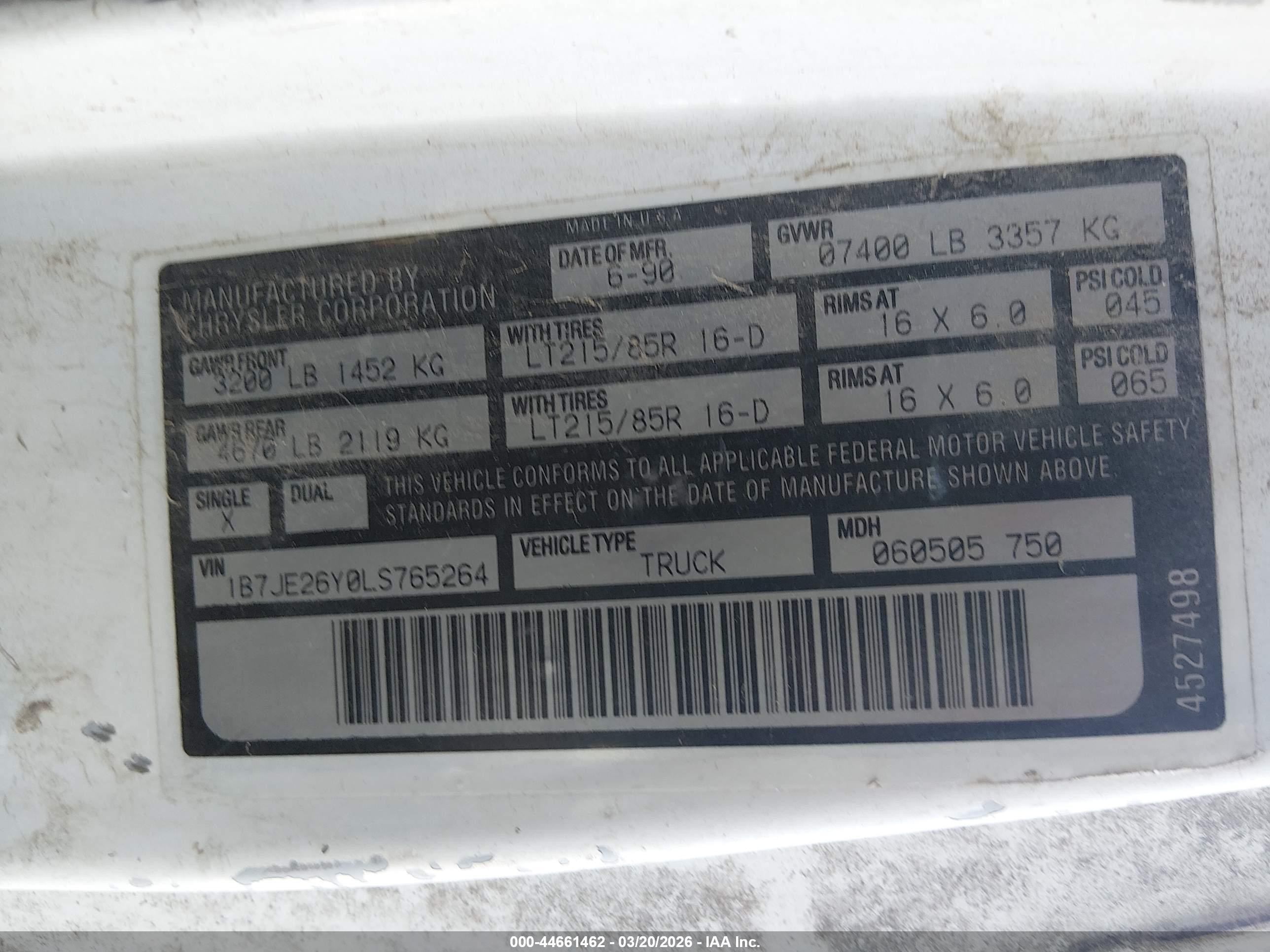 1990 Dodge D-series D200/d250 Белый vin: 1B7JE26Y0LS765264
