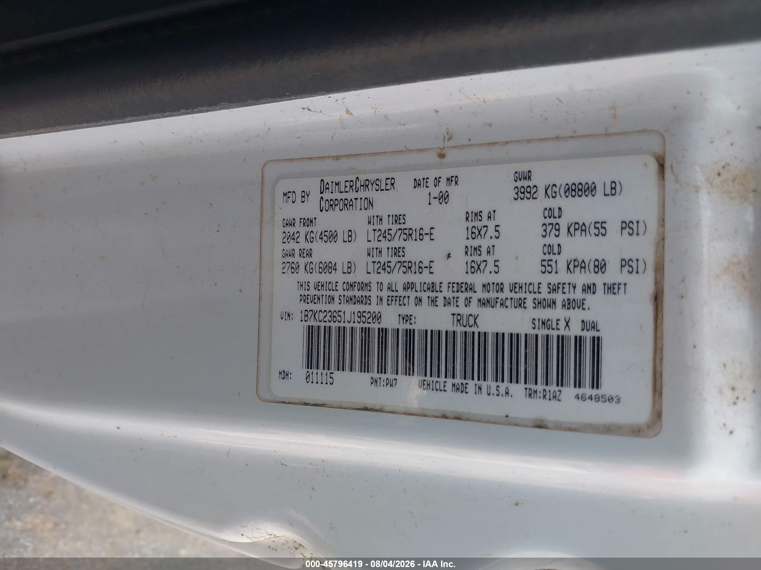 2001 Dodge Ram 2500 St White vin: 1B7KC23651J195200