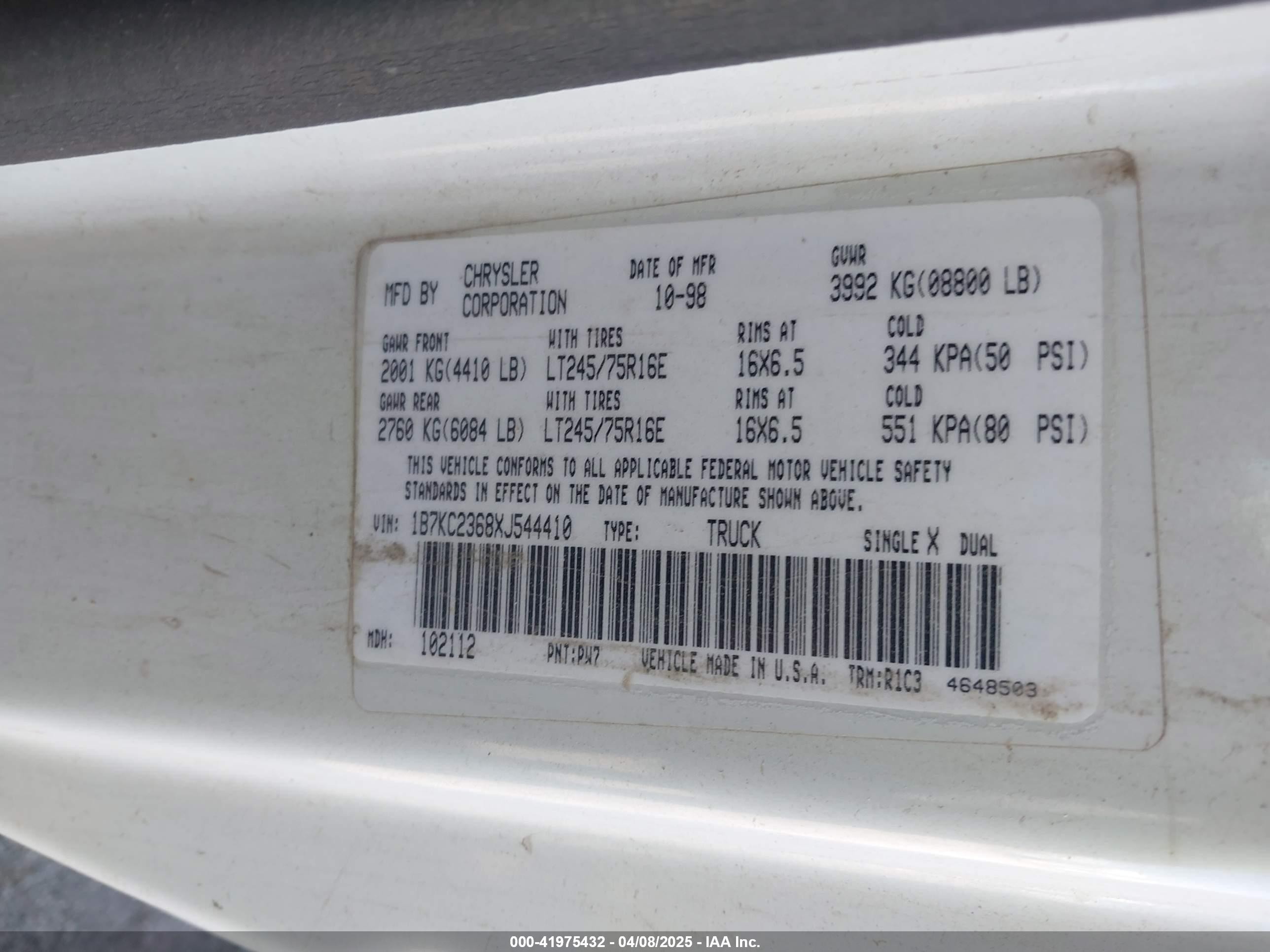 1999 Dodge Ram 2500 St White vin: 1B7KC2368XJ544410