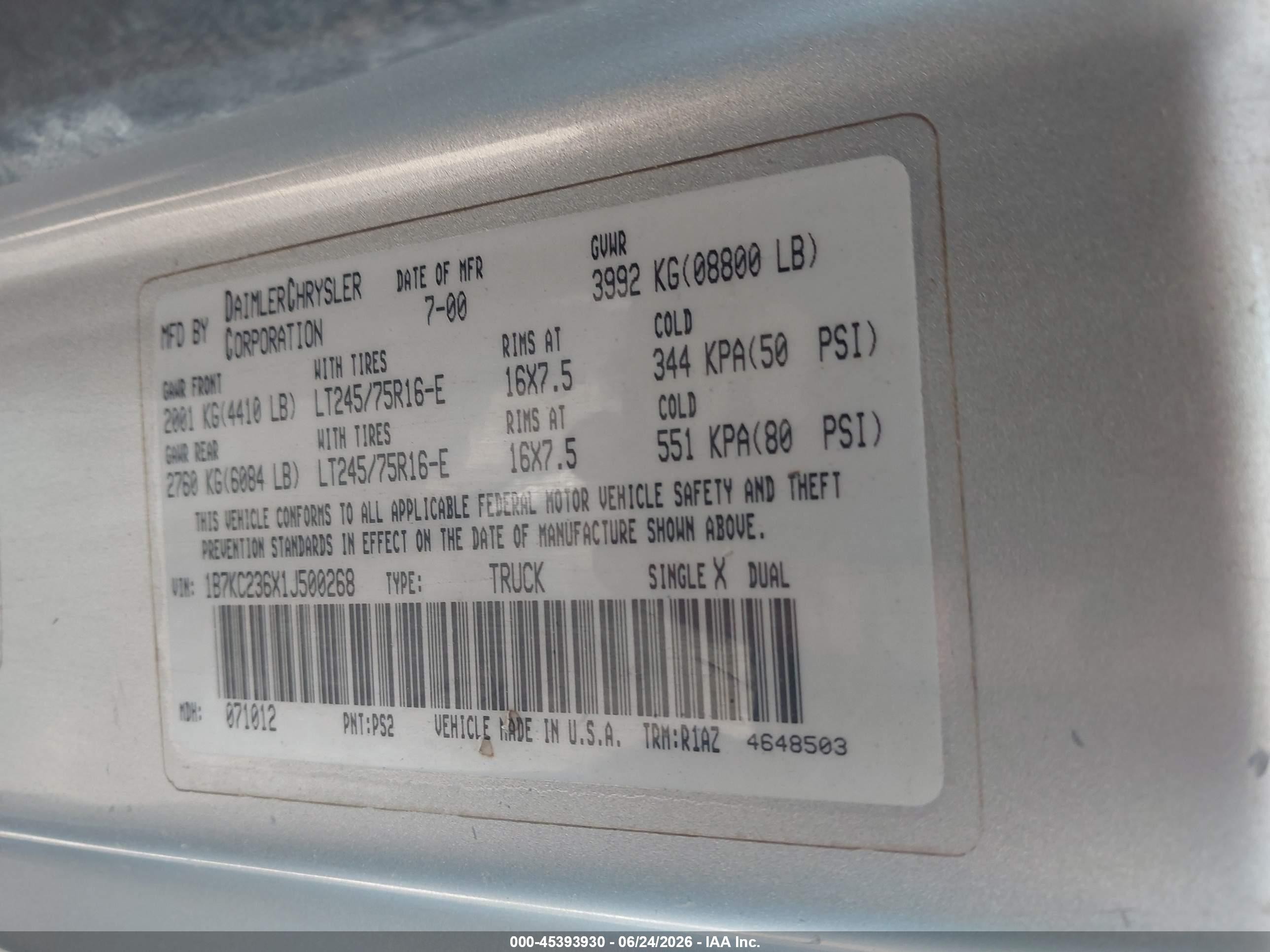 2001 Dodge Ram 2500 St Silver vin: 1B7KC236X1J500268