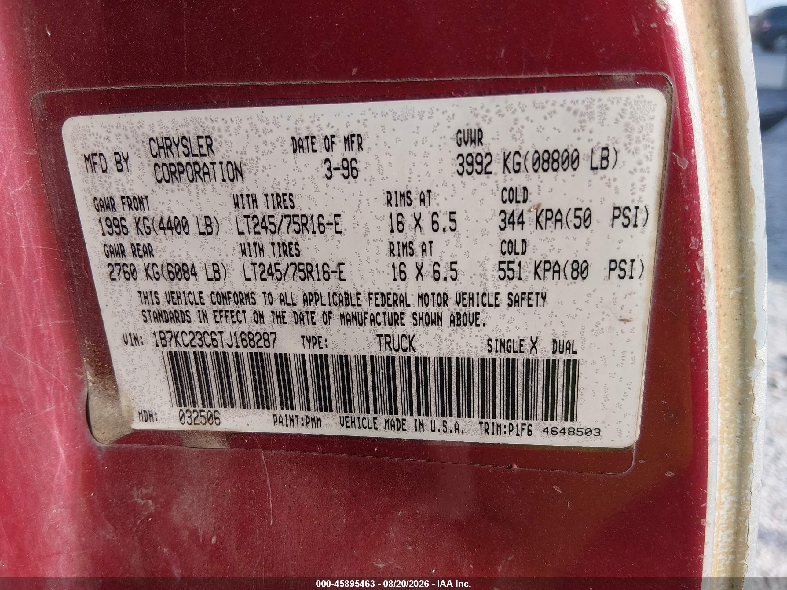 1996 Dodge Ram 2500   Red vin: 1B7KC23C6TJ168287