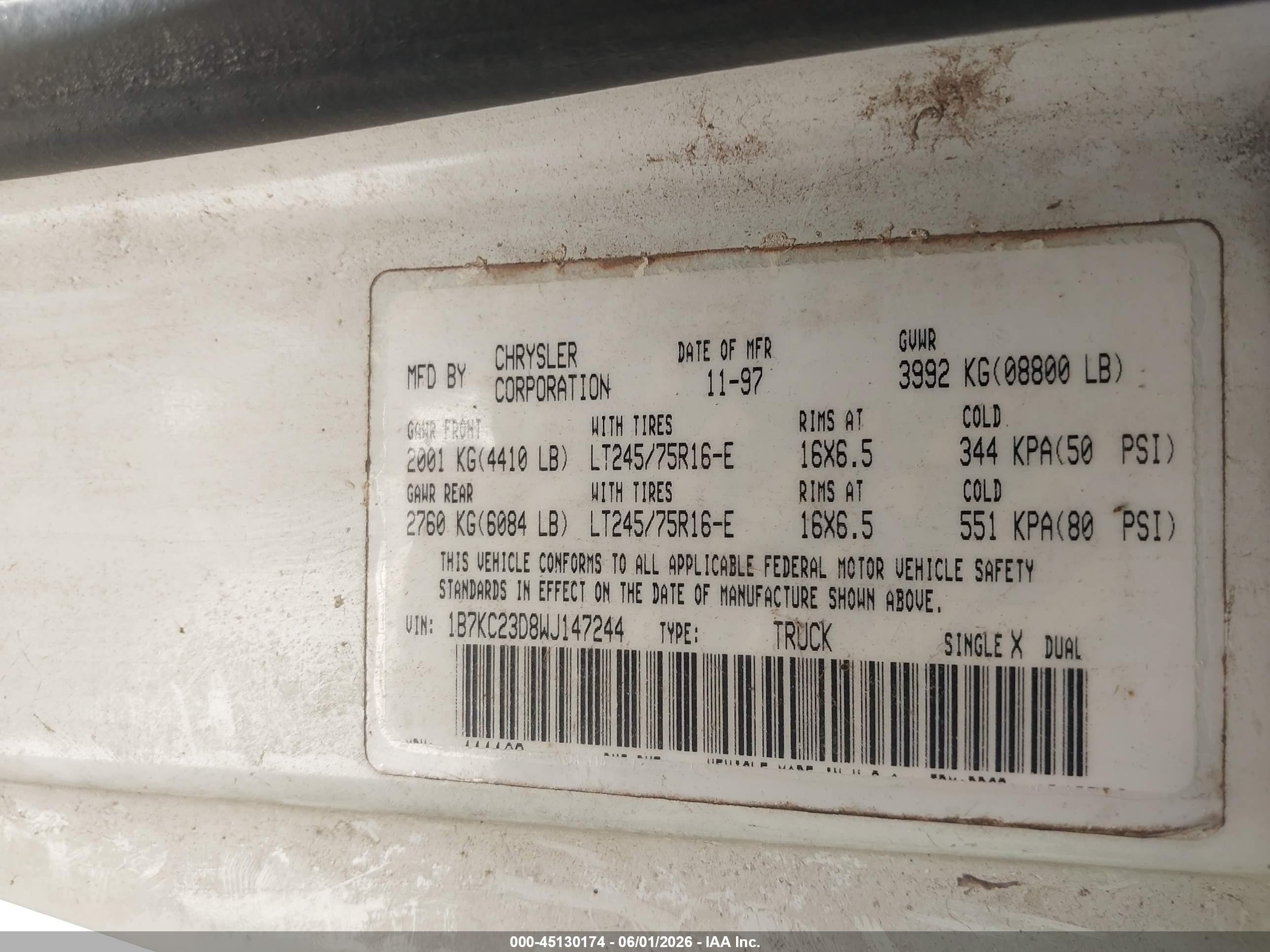 1998 Dodge Ram 2500 St Белый vin: 1B7KC23D8WJ147244