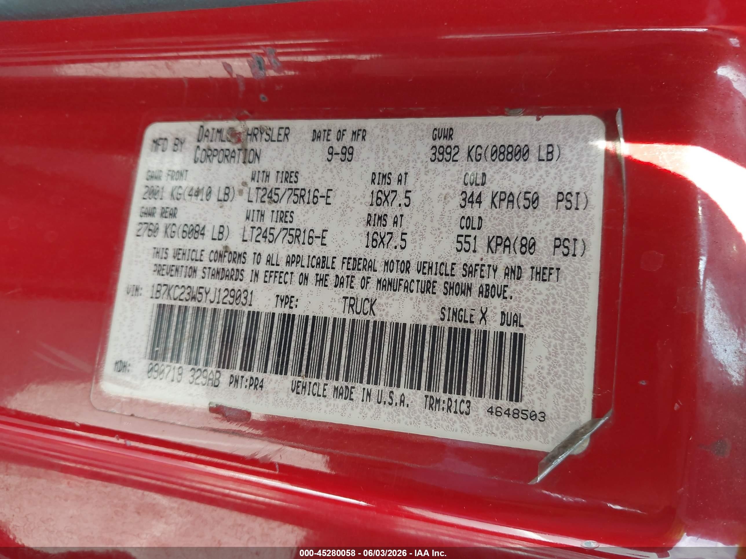2000 Dodge Ram 2500 St Red vin: 1B7KC23W5YJ129031