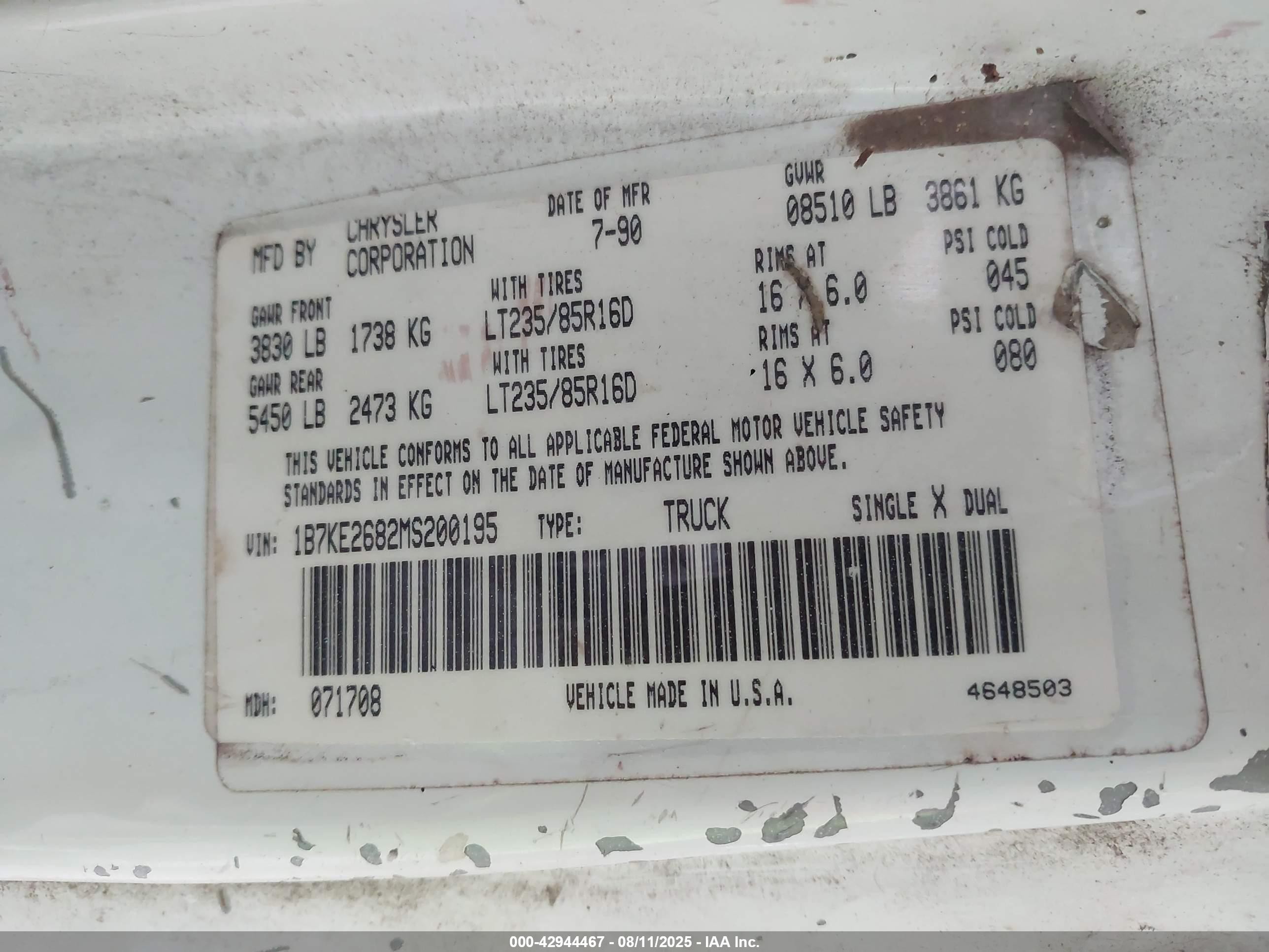 1991 Dodge D-series D200/d250 White vin: 1B7KE2682MS200195