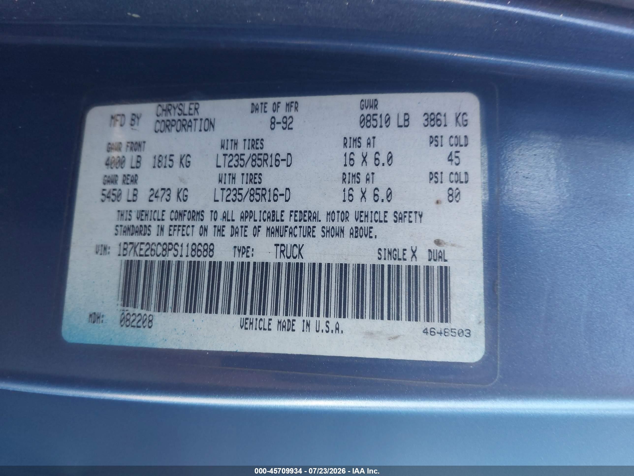 1993 Dodge D-series D200/d250 Blue vin: 1B7KE26C8PS118688