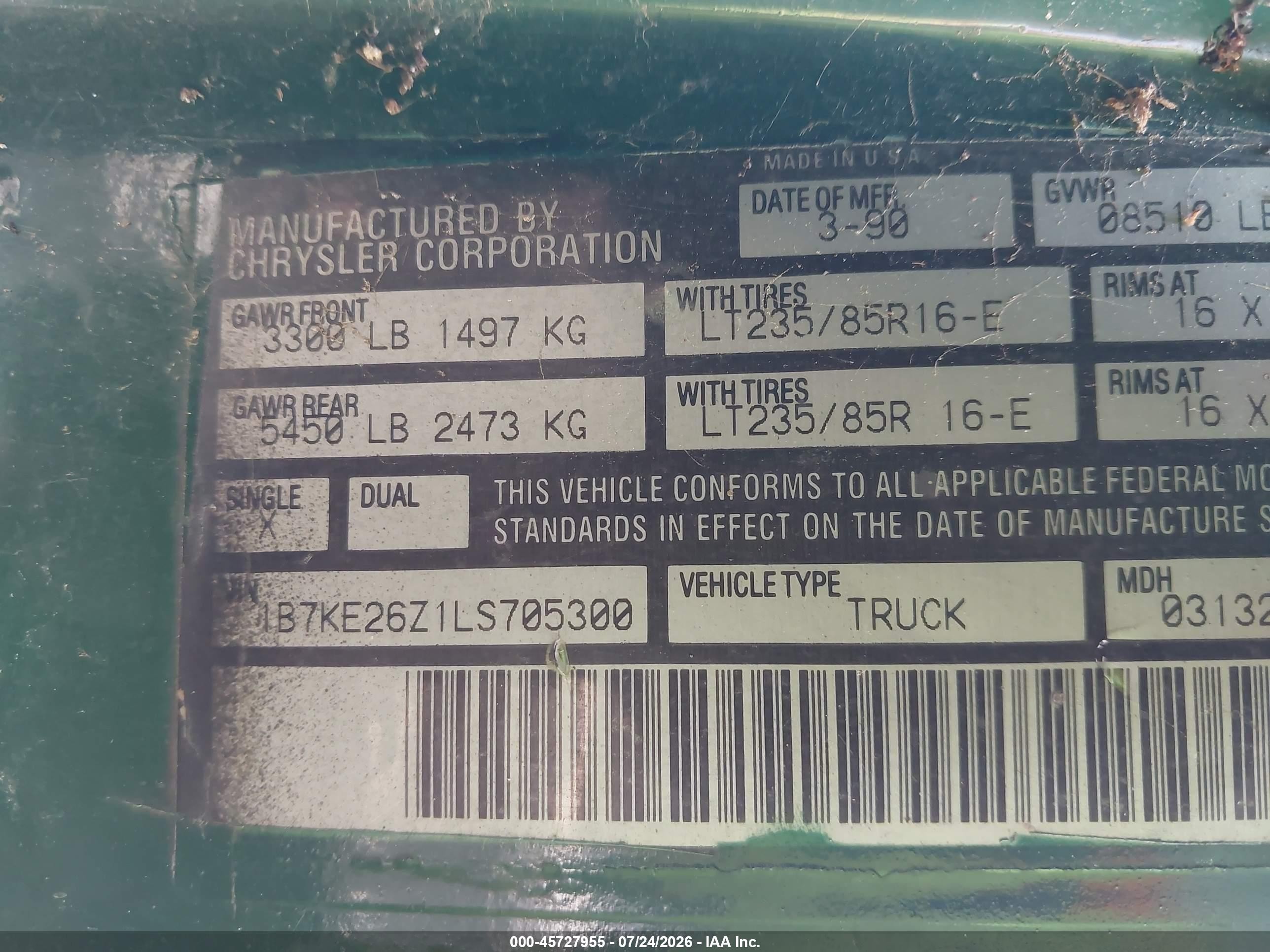 1990 Dodge D-series D200/d250 Зеленый vin: 1B7KE26Z1LS705300