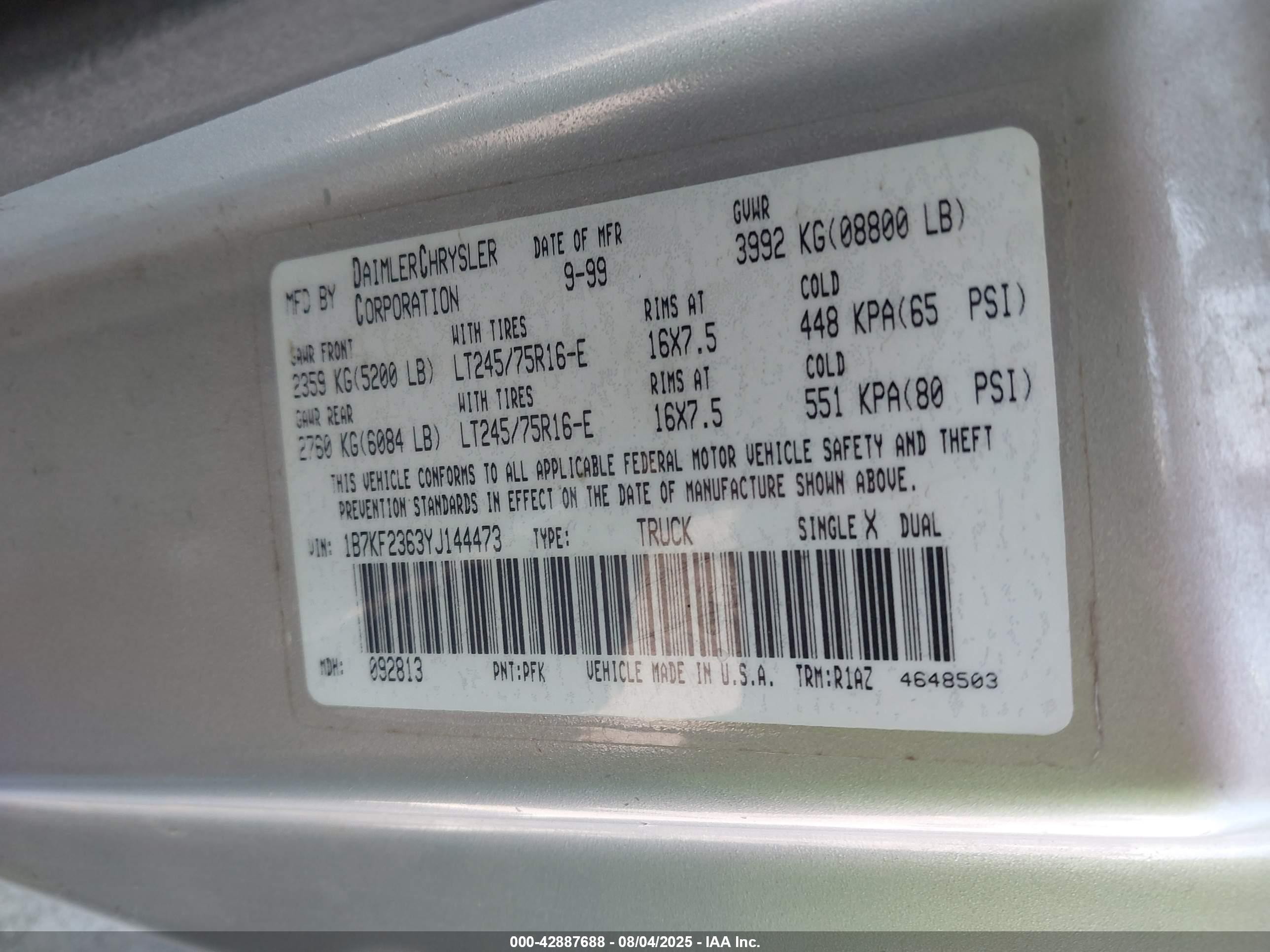 2000 Dodge Ram 2500 St Белый vin: 1B7KF2363YJ144473