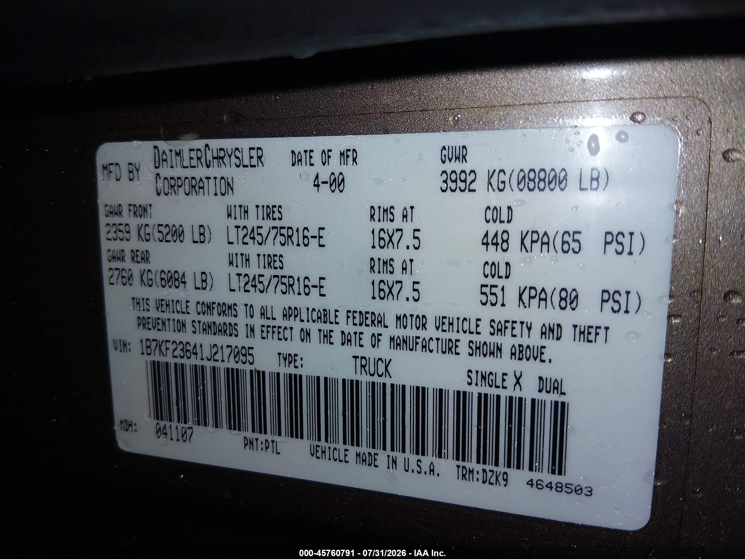 2001 Dodge Ram 2500 St Brown vin: 1B7KF23641J217095