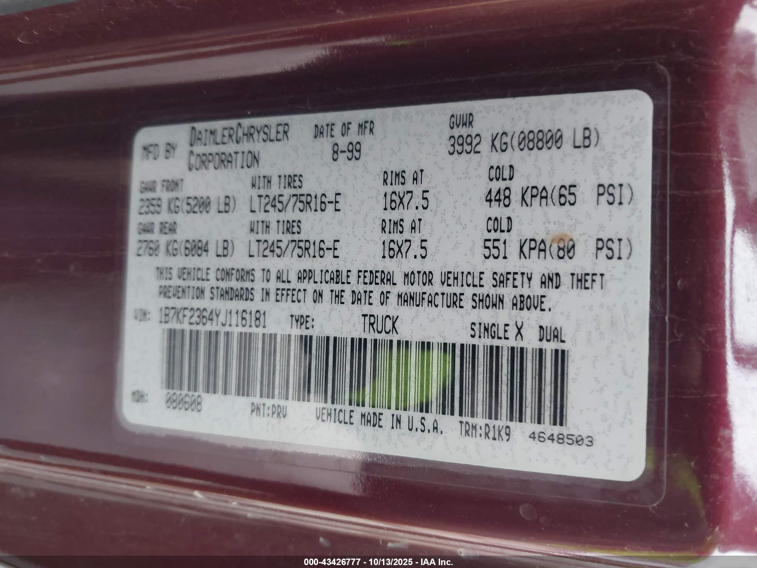 2000 Dodge Ram 2500 St Бордовый vin: 1B7KF2364YJ116181