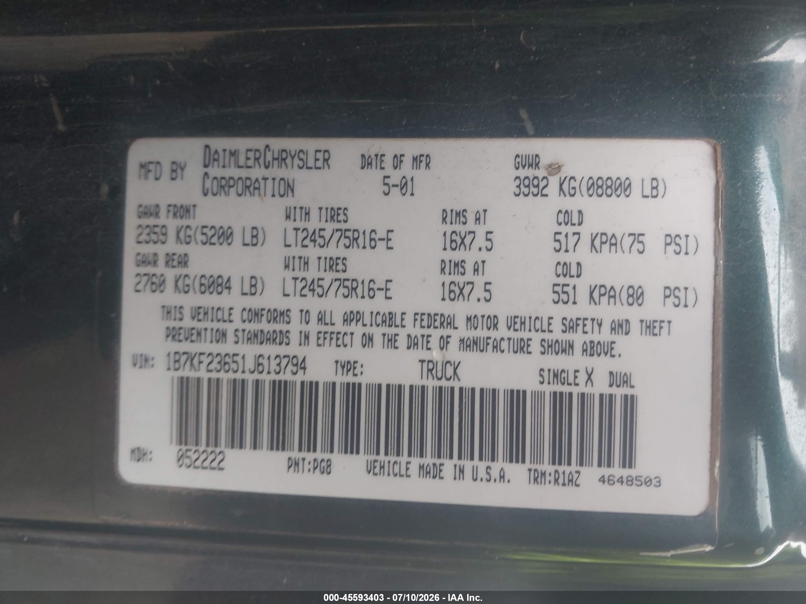 2001 Dodge Ram 2500 St Зеленый vin: 1B7KF23651J613794