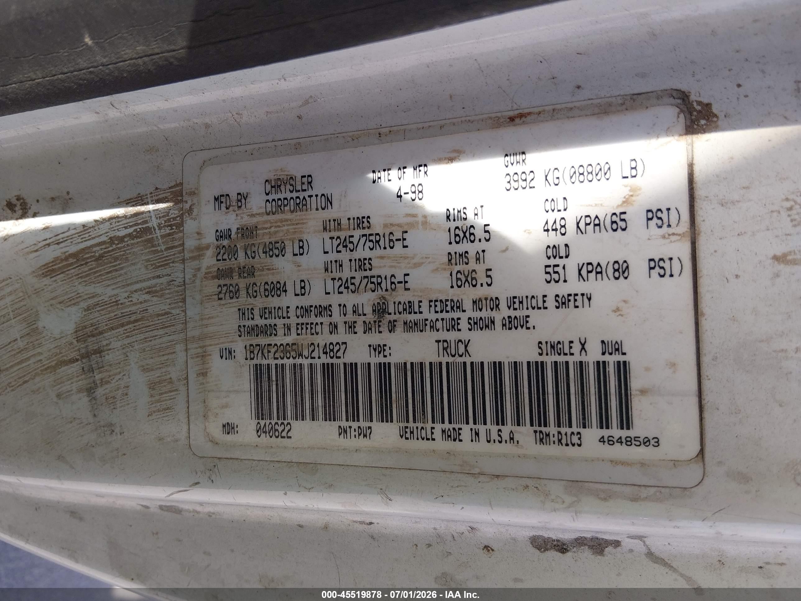 1998 Dodge Ram 2500 St White vin: 1B7KF2365WJ214827