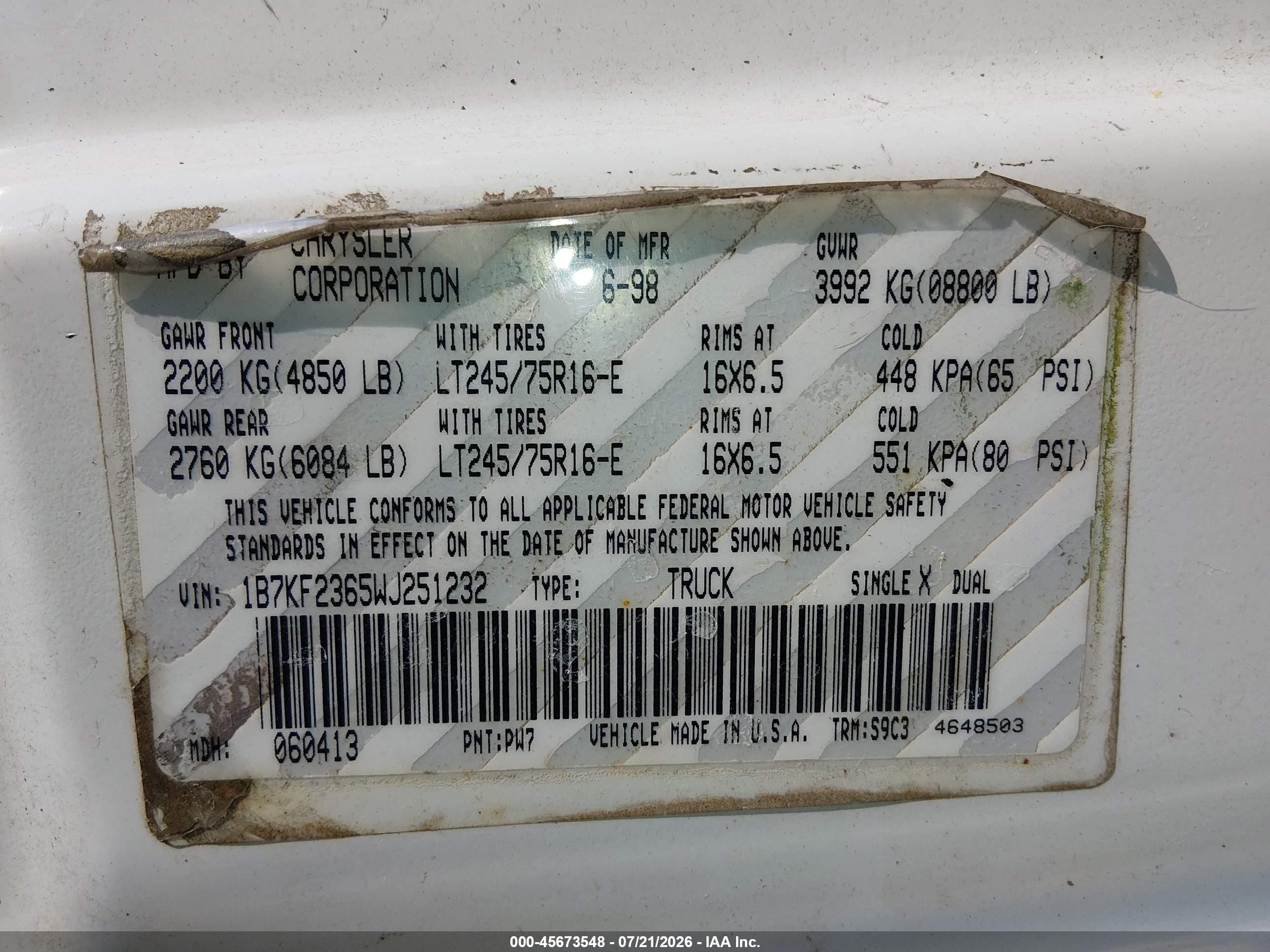 1998 Dodge Ram 2500 St White vin: 1B7KF2365WJ251232
