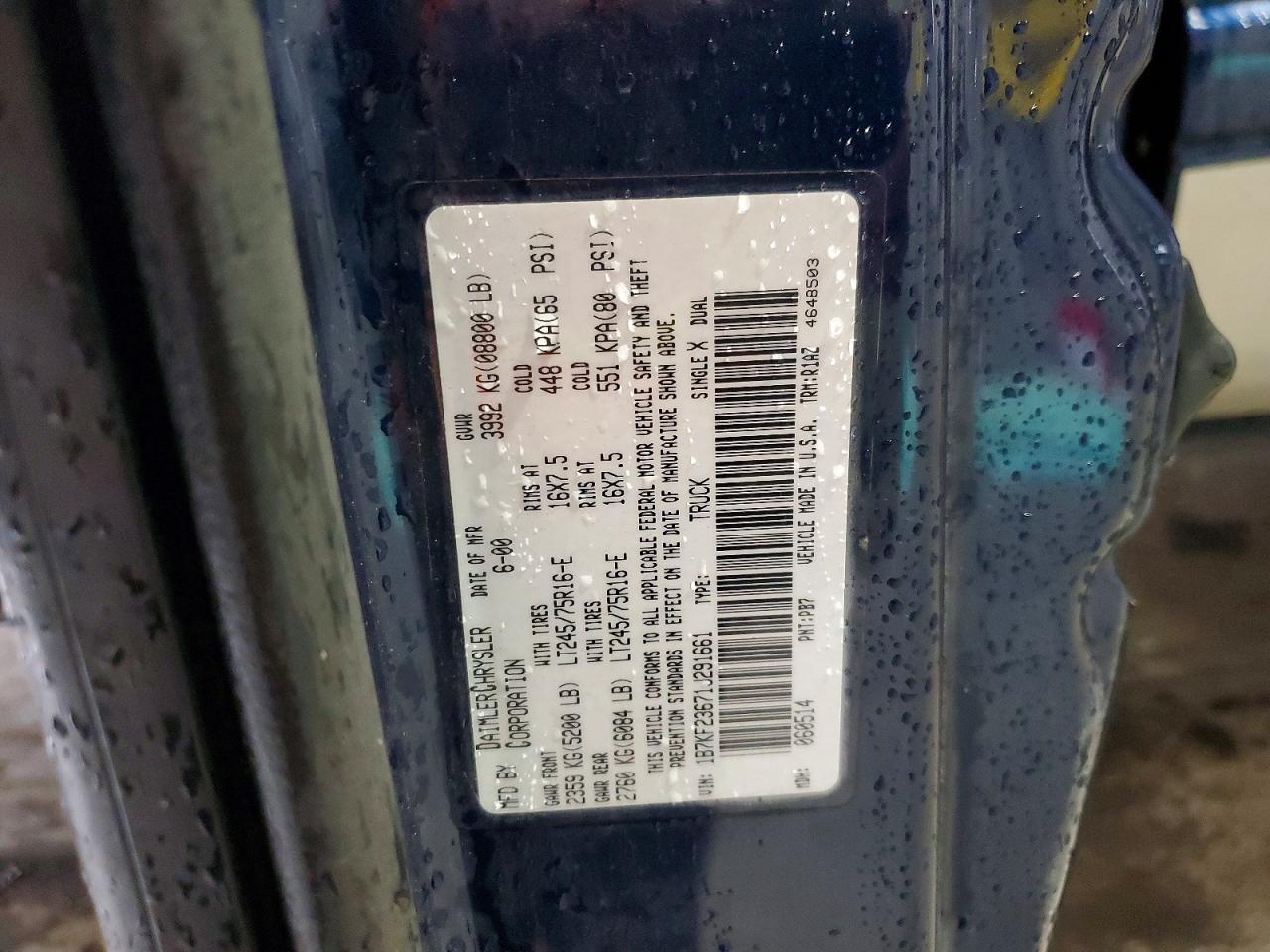 2001 Dodge Ram 2500 Blue vin: 1B7KF23671J291661