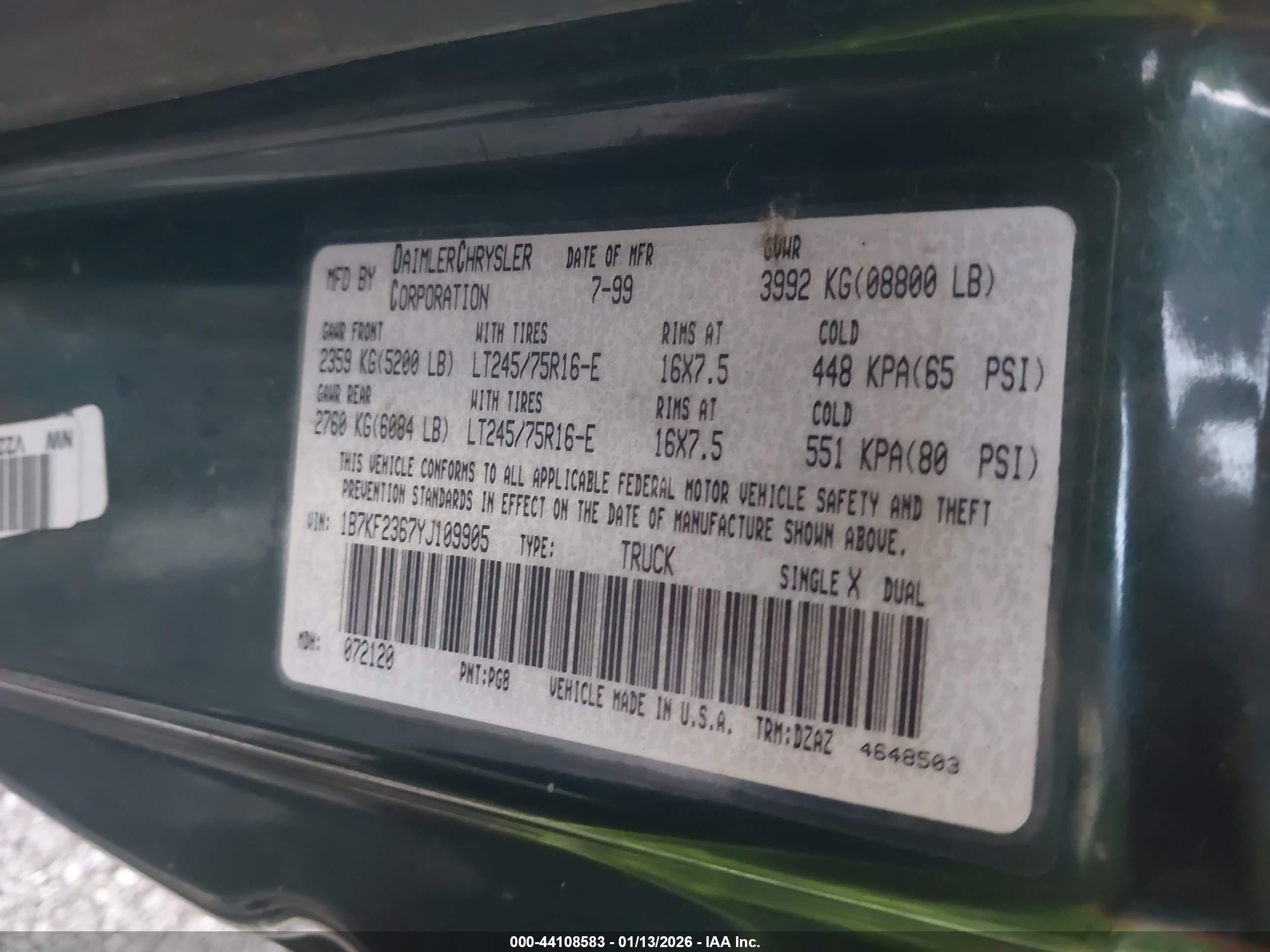 2000 Dodge Ram 2500 St Зеленый vin: 1B7KF2367YJ109905