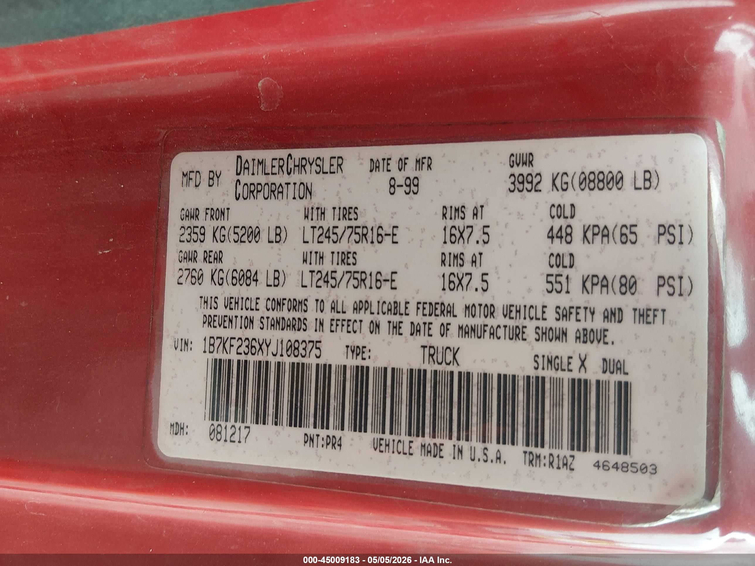 2000 Dodge Ram 2500 St Red vin: 1B7KF236XYJ108375
