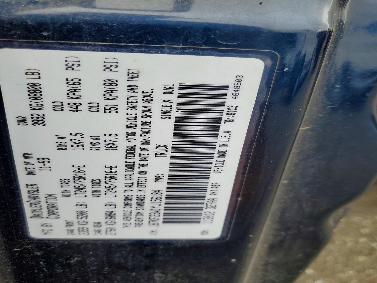 2000 Dodge Ram 2500 Blue vin: 1B7KF23W1YJ156184