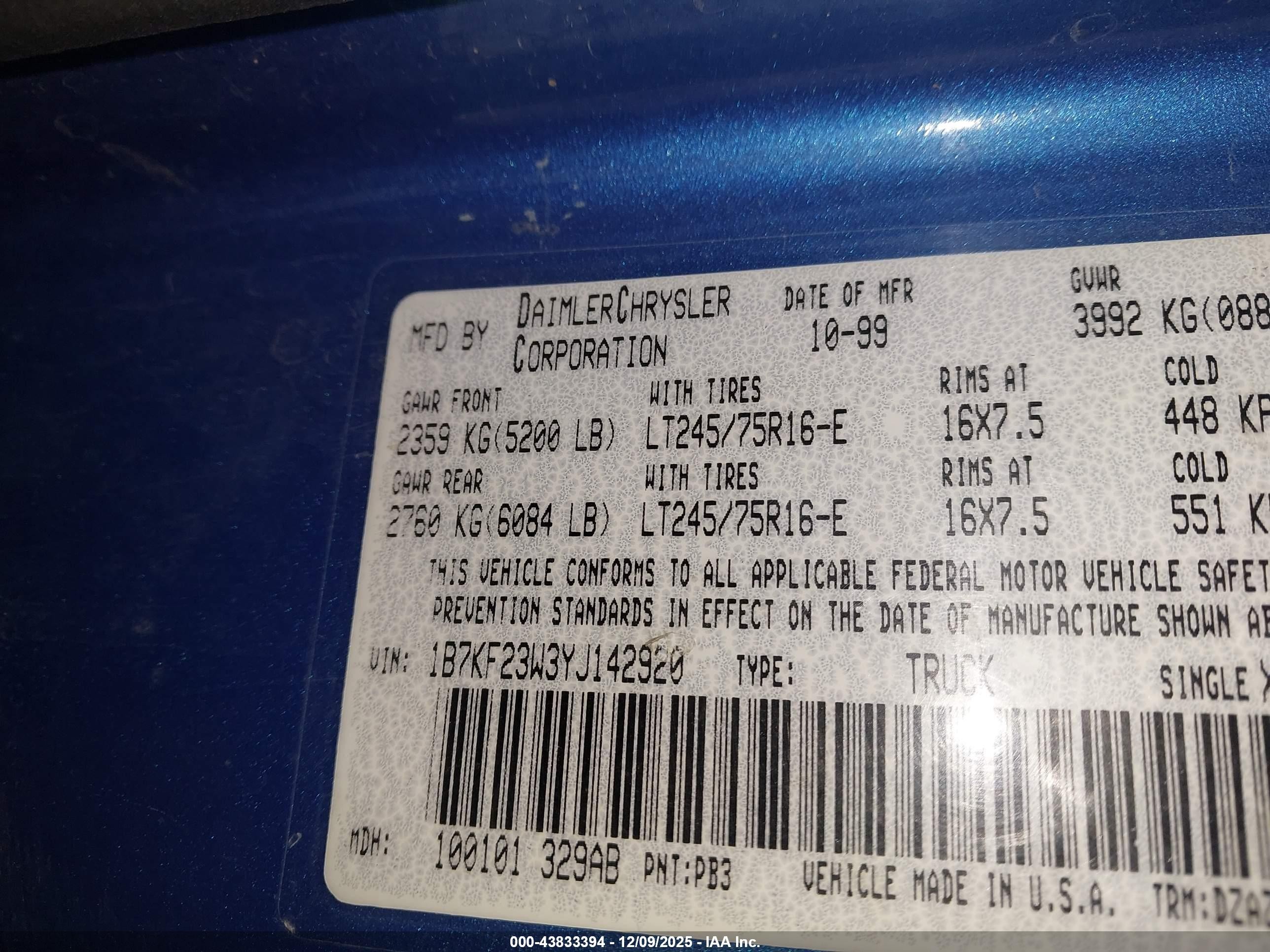 2000 Dodge Ram 2500 St Blue vin: 1B7KF23W3YJ142920