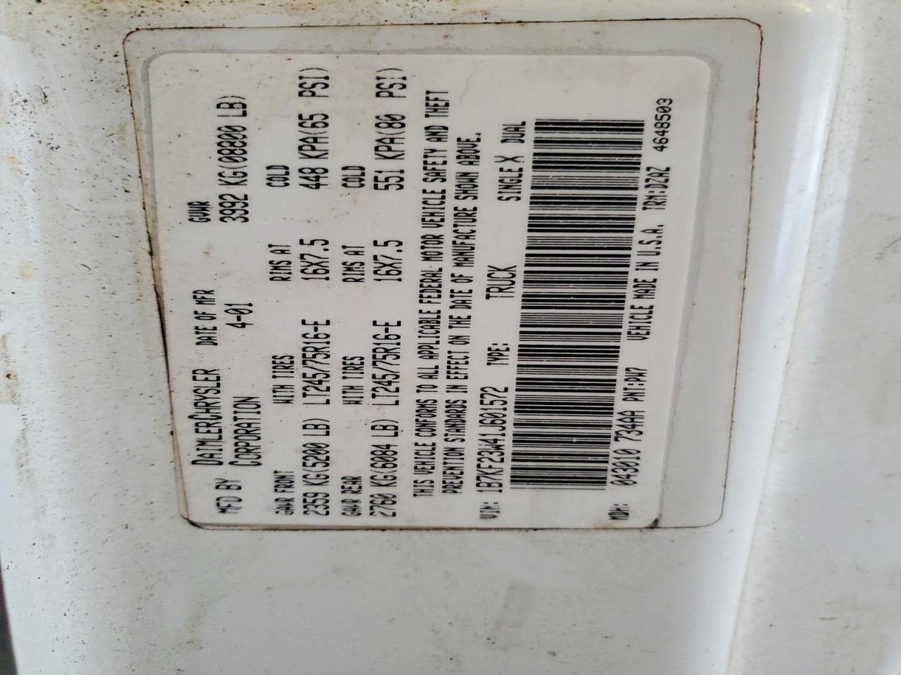 2001 Dodge Ram 2500 White vin: 1B7KF23W41J601572