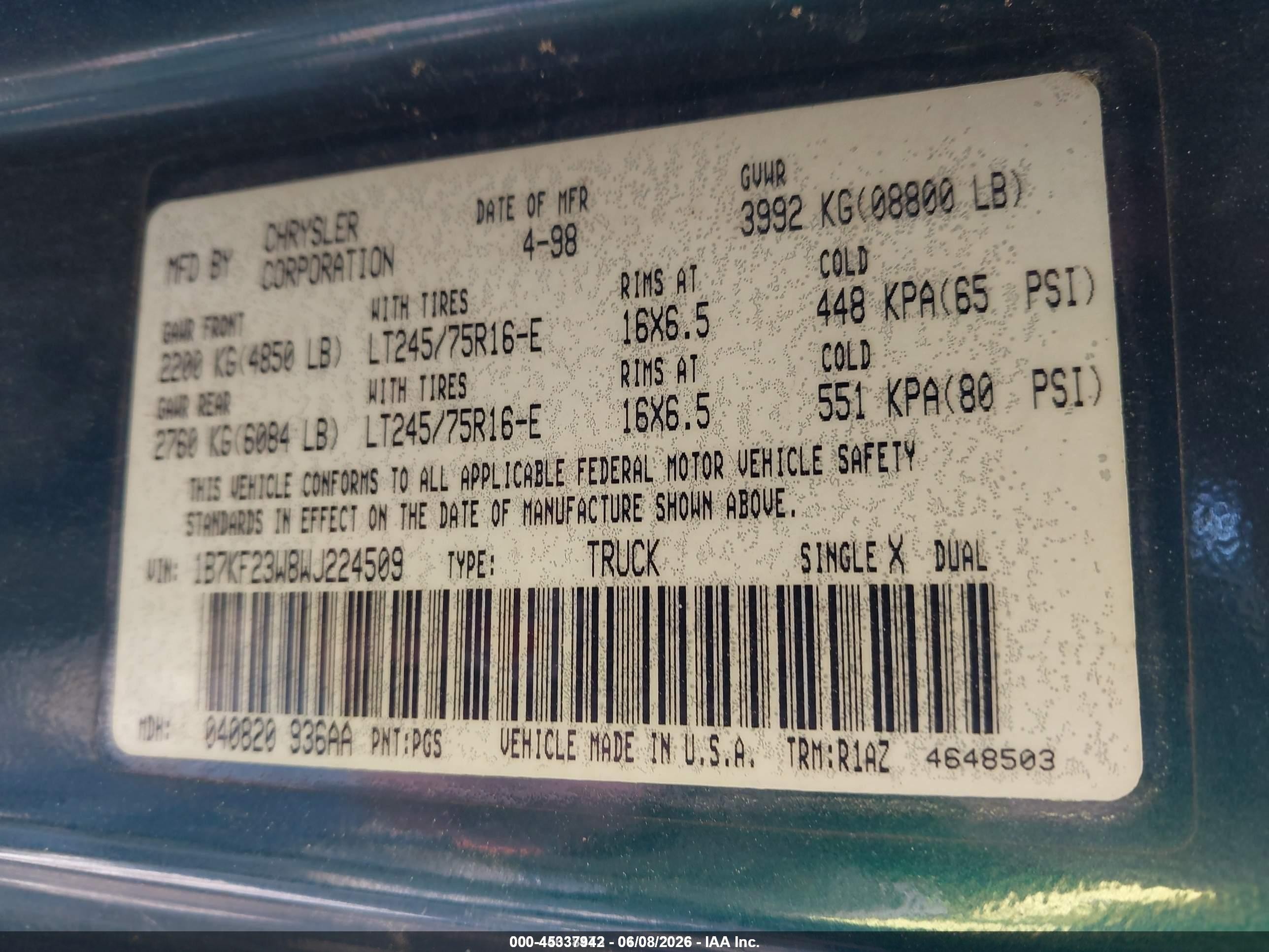 1998 Dodge Ram 2500   Green vin: 1B7KF23W8WJ224509