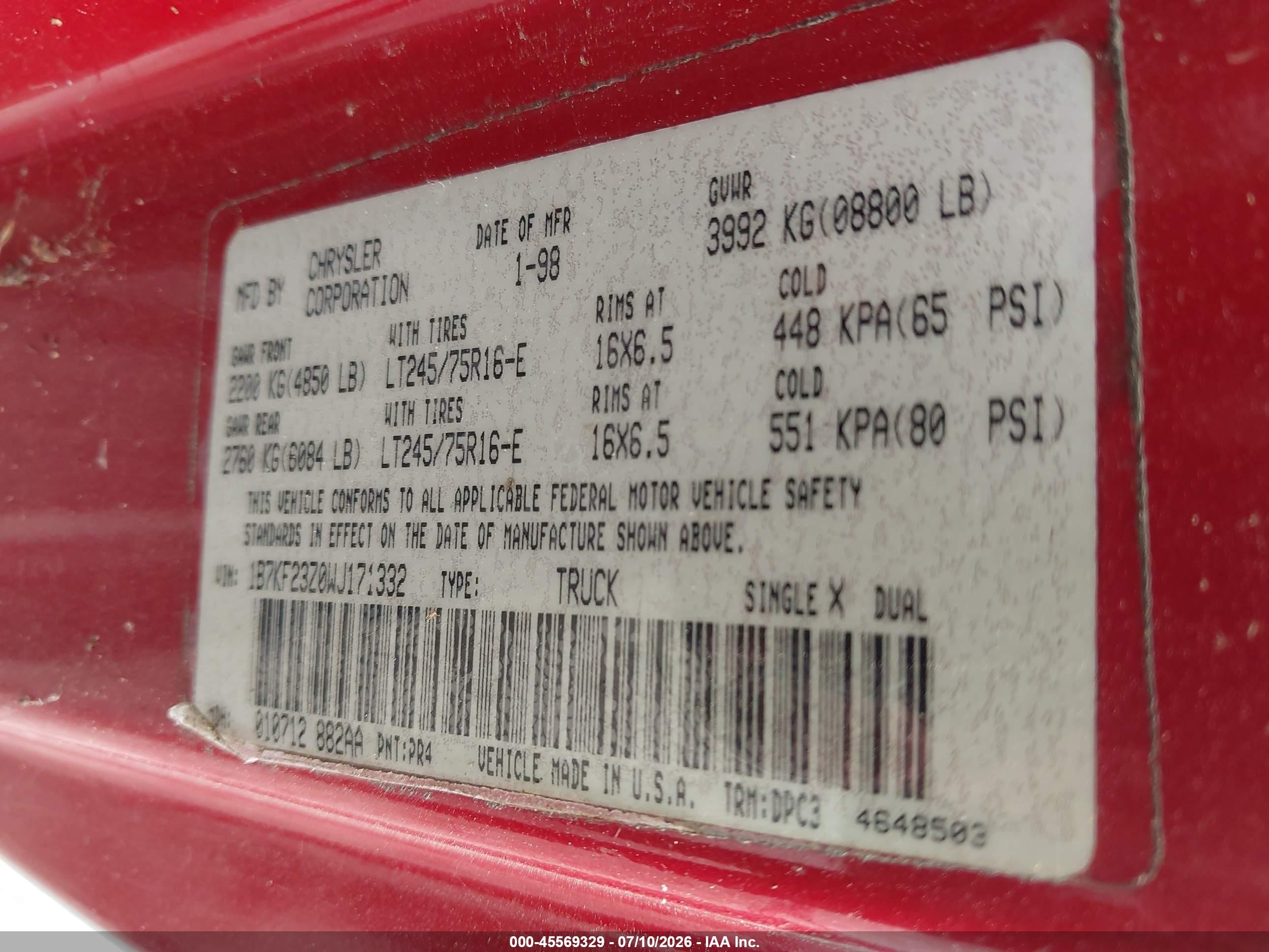 1998 Dodge Ram 2500 St Red vin: 1B7KF23Z0WJ171332