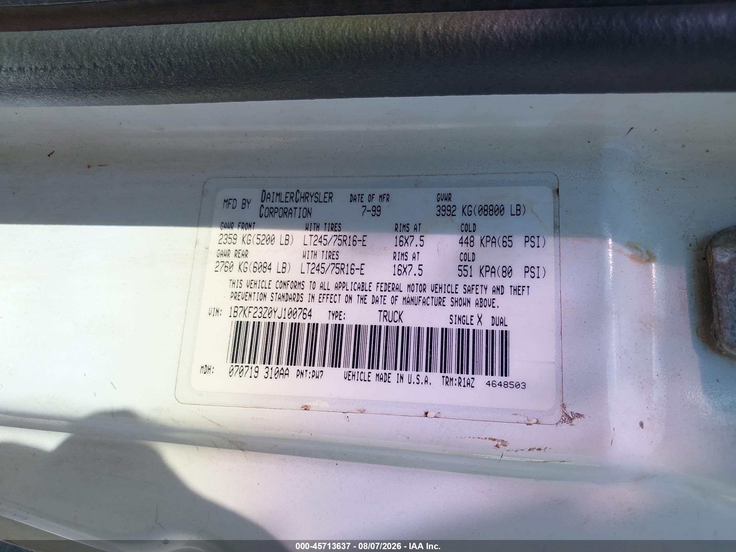 2000 Dodge Ram 2500 St Белый vin: 1B7KF23Z0YJ100764