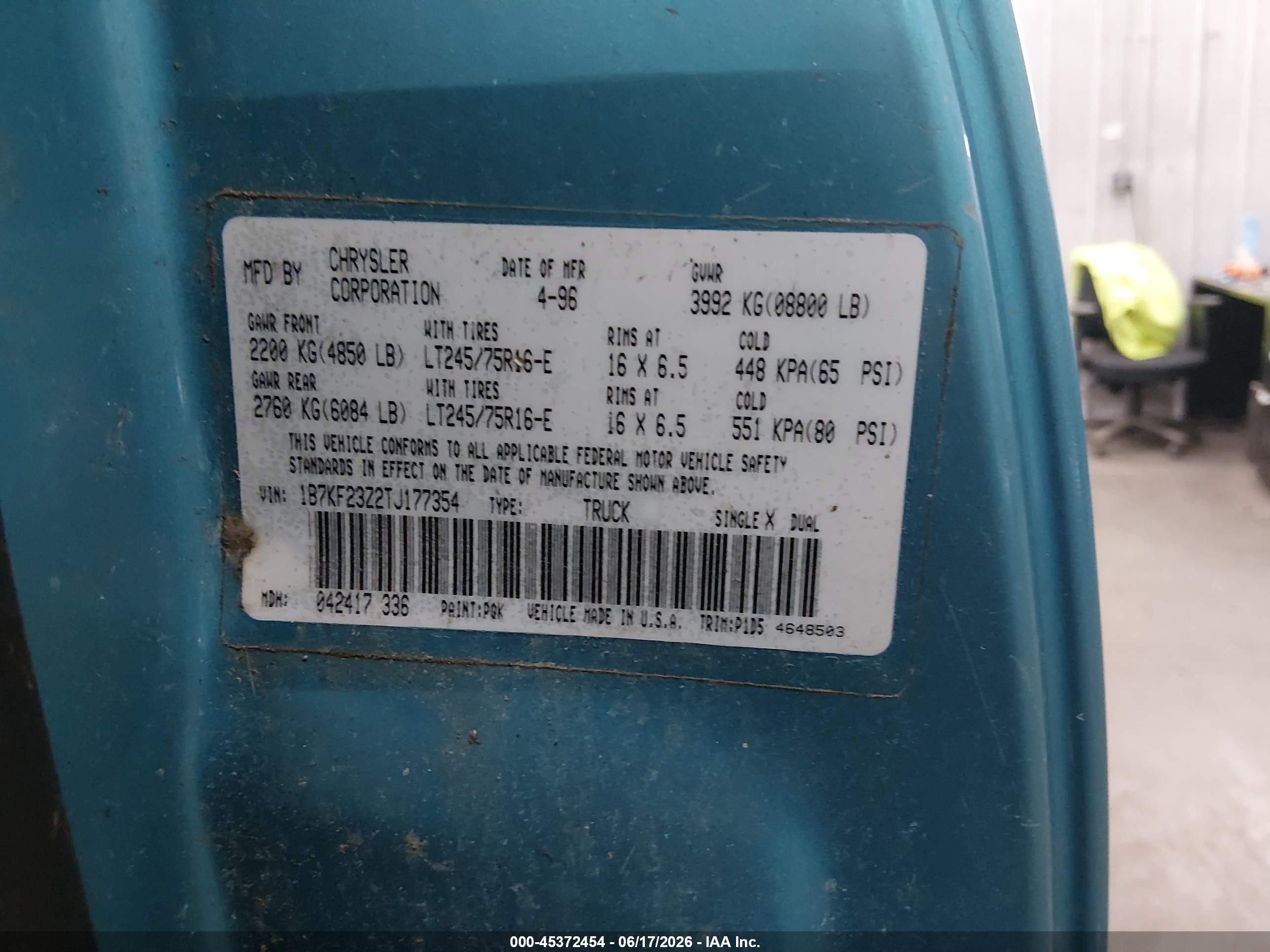 1996 Dodge Ram 2500   Light Blue vin: 1B7KF23Z2TJ177354