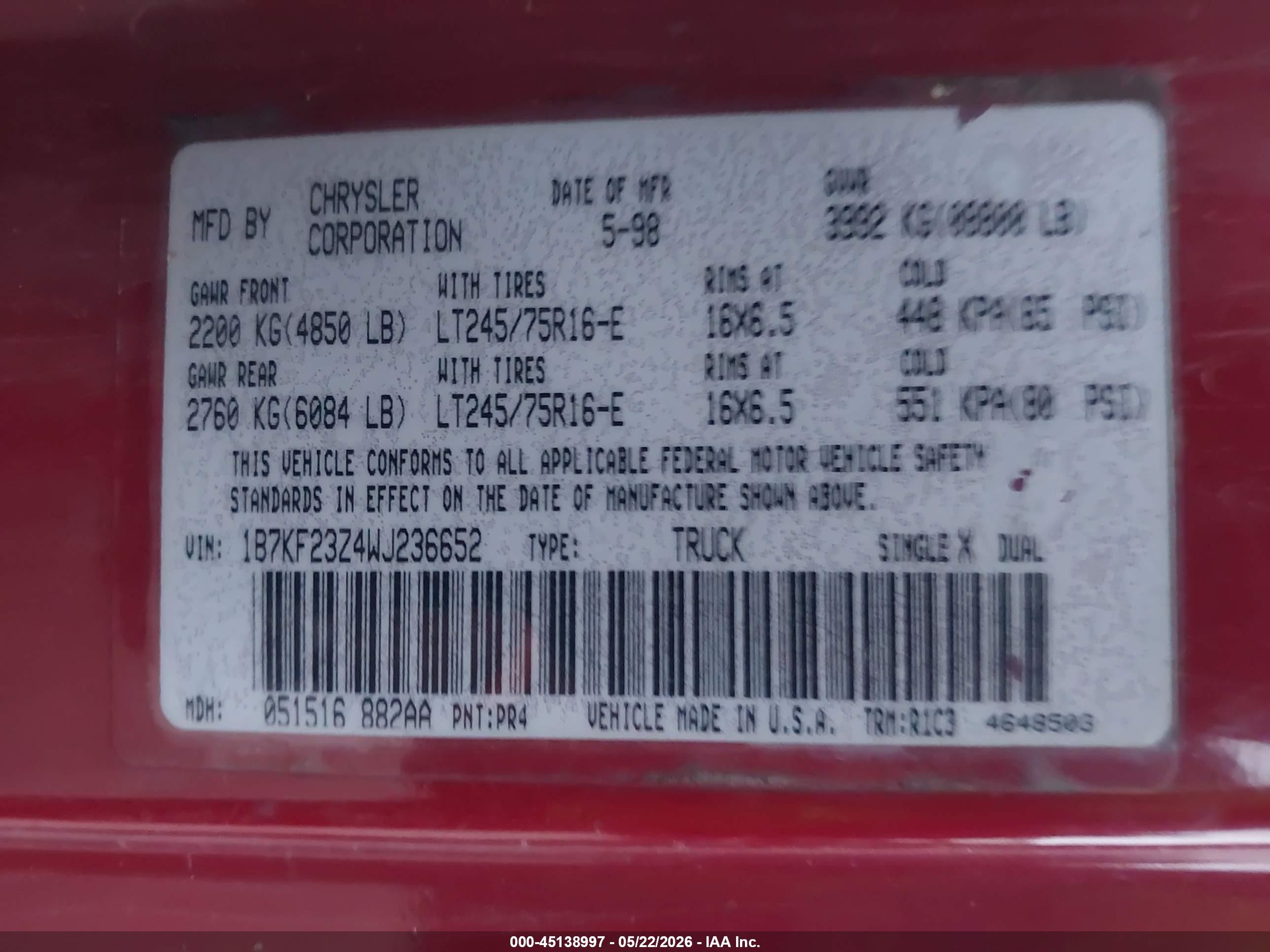 1998 Dodge Ram 2500 St Red vin: 1B7KF23Z4WJ236652