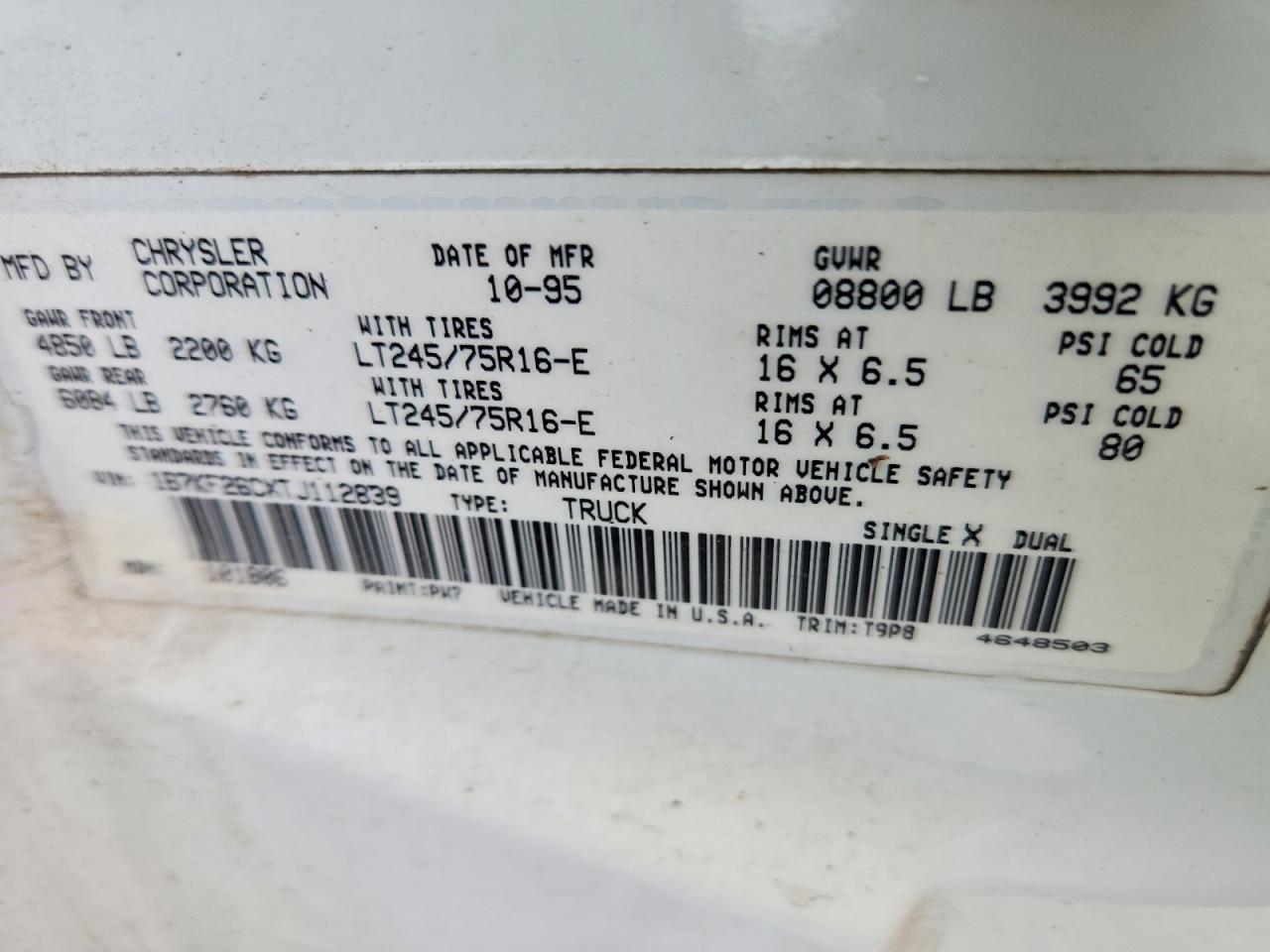 1996 Dodge Ram 2500 Белый vin: 1B7KF26CXTJ112839
