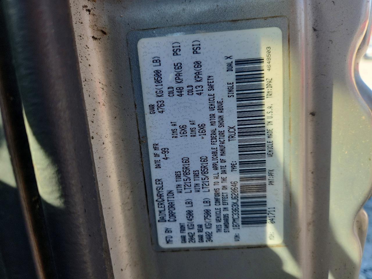 1999 Dodge Ram 3500 Silver vin: 1B7MC3363XJ620646