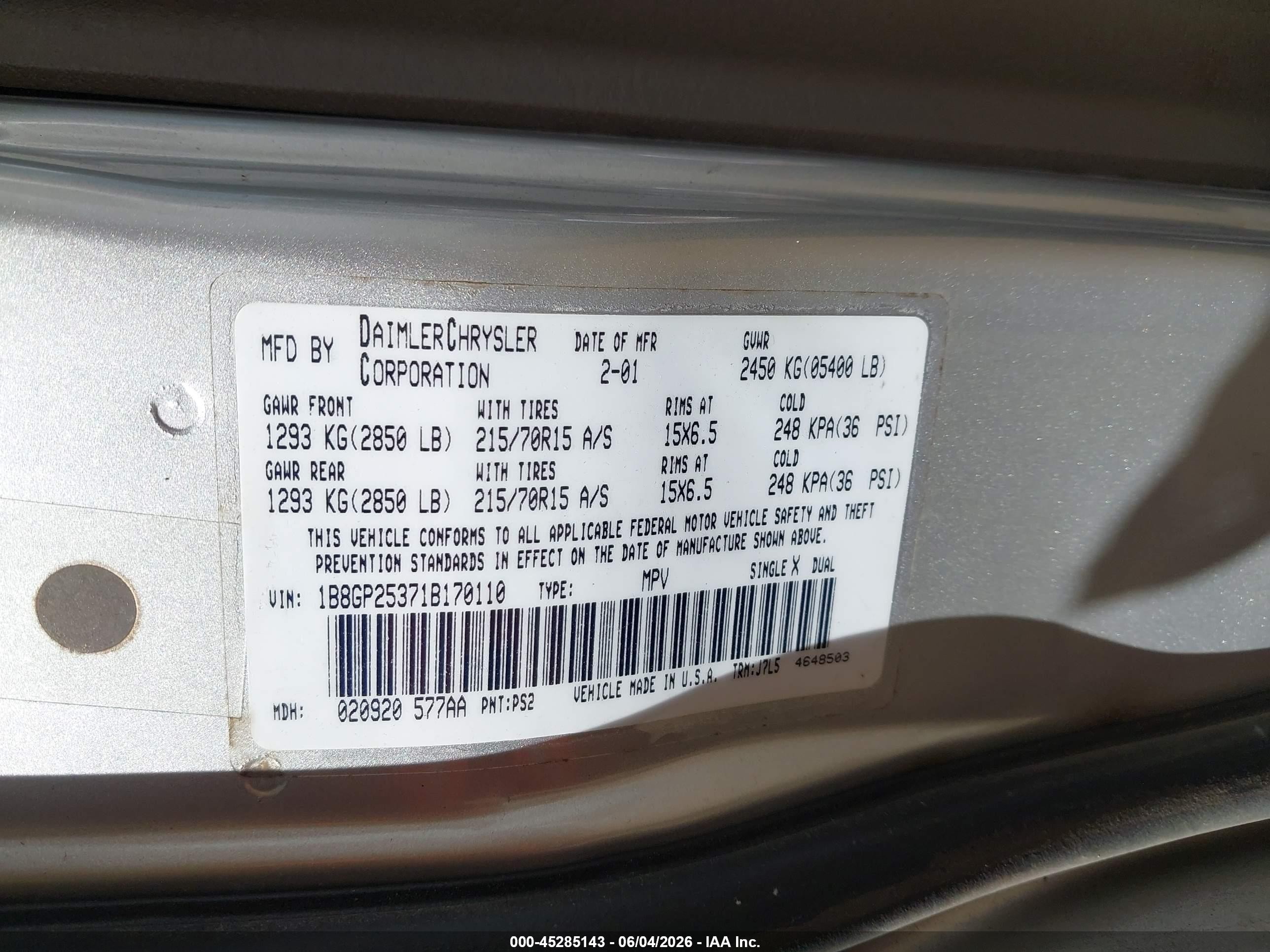 2001 Dodge Caravan Se Blue vin: 1B8GP25371B170110
