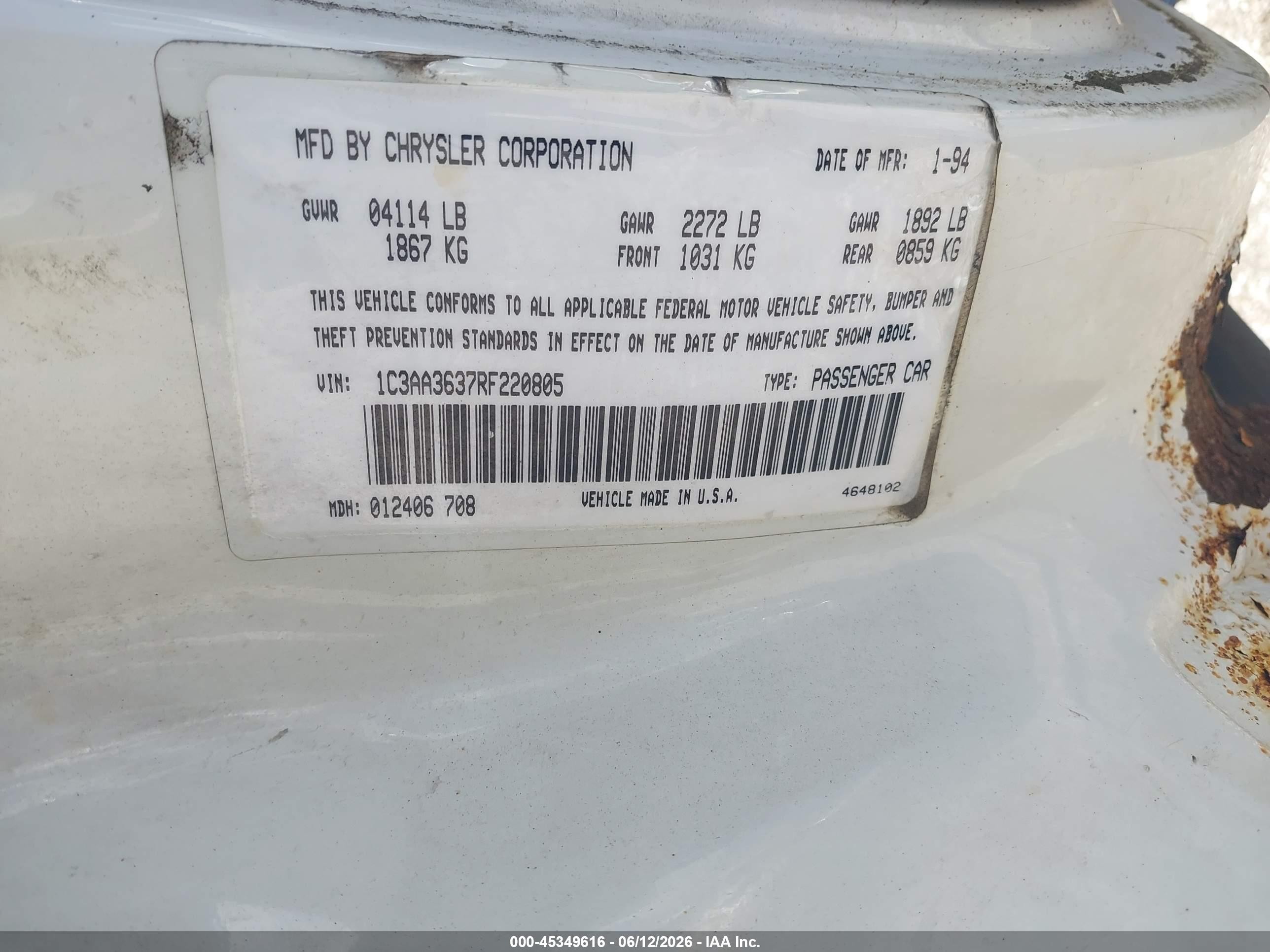 1994 Chrysler Lebaron Le A-body White vin: 1C3AA3637RF220805