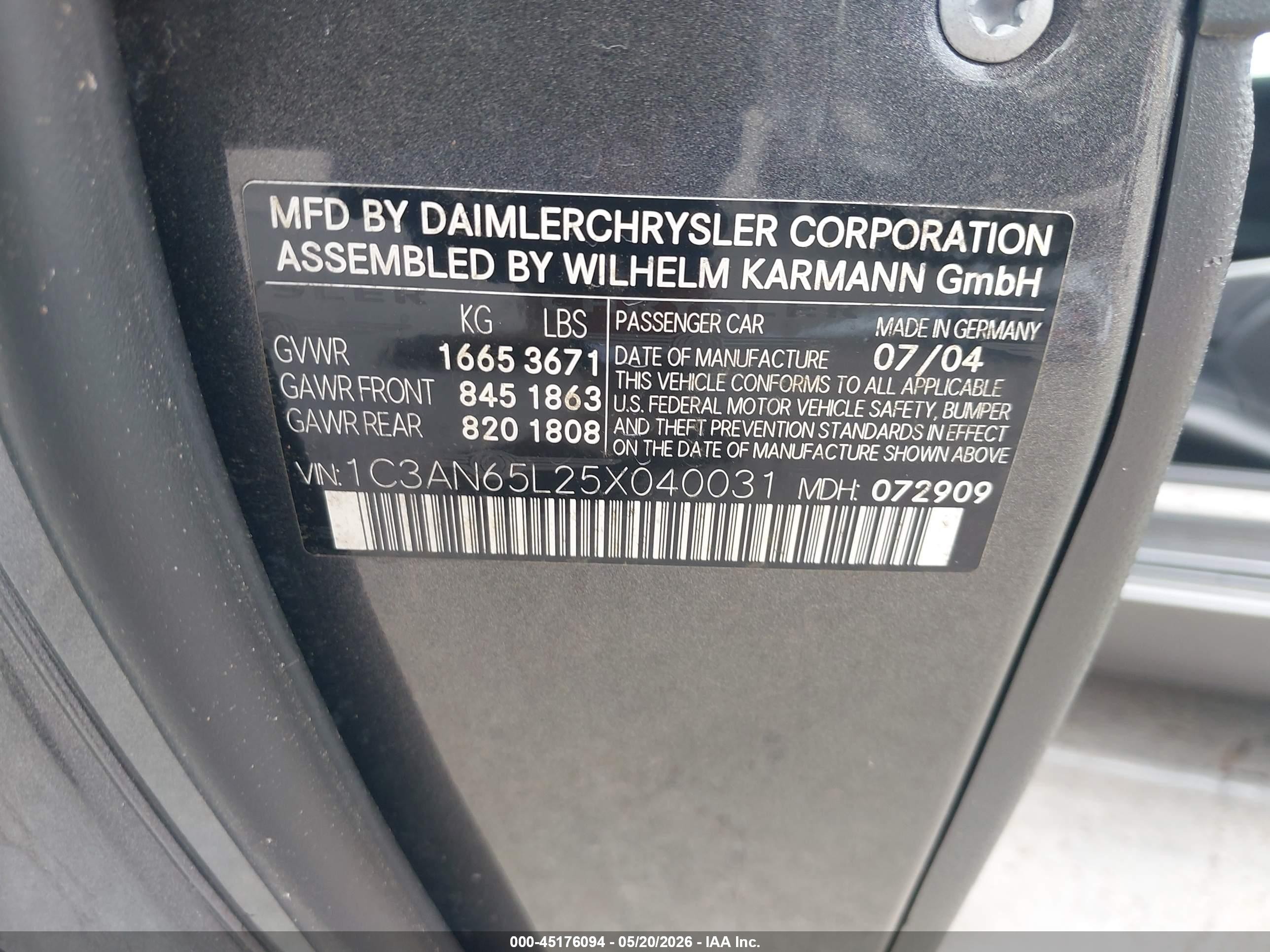 2005 Chrysler Crossfire Limited Gray vin: 1C3AN65L25X040031