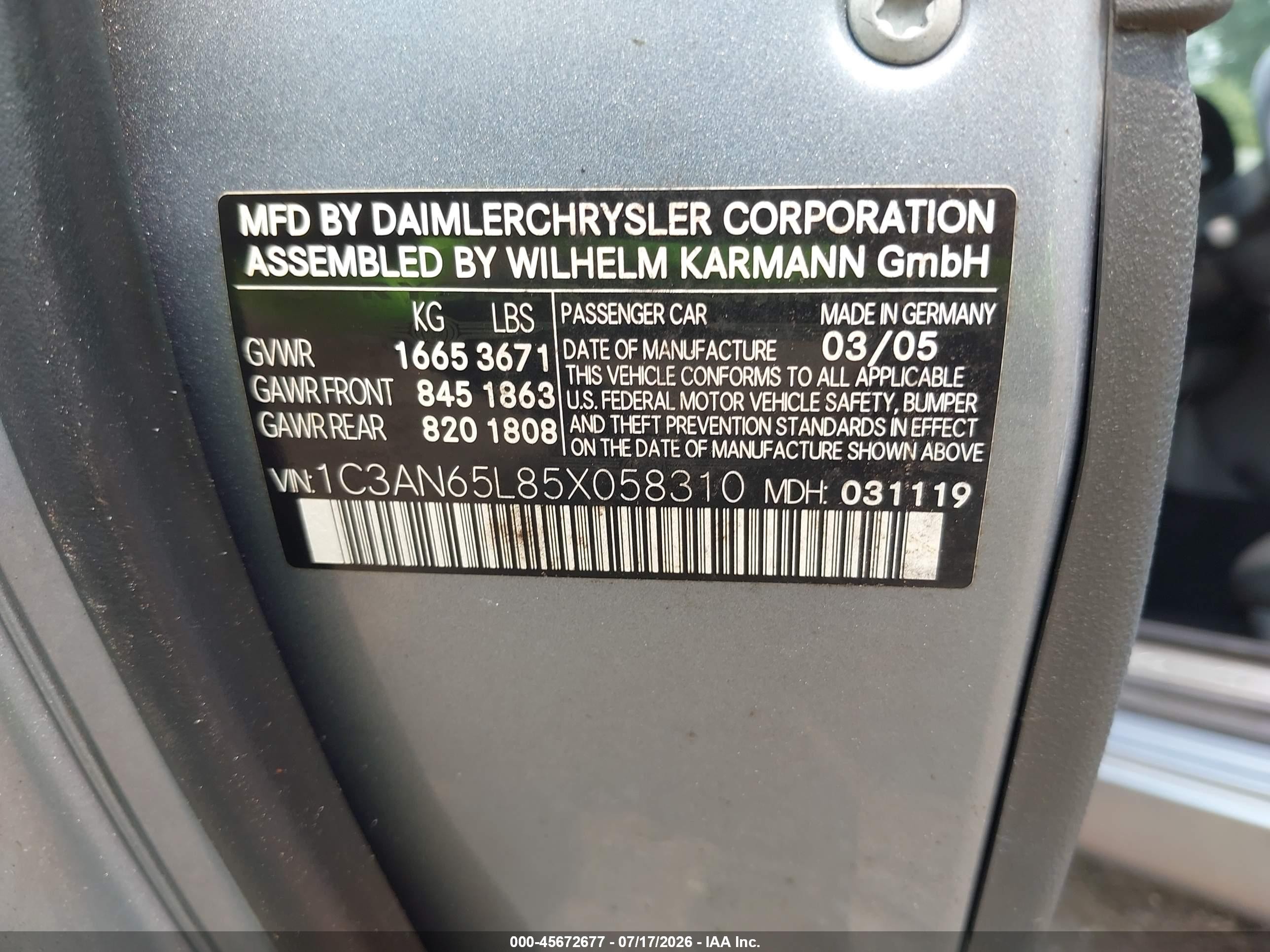 2005 Chrysler Crossfire Limited Blue vin: 1C3AN65L85X058310