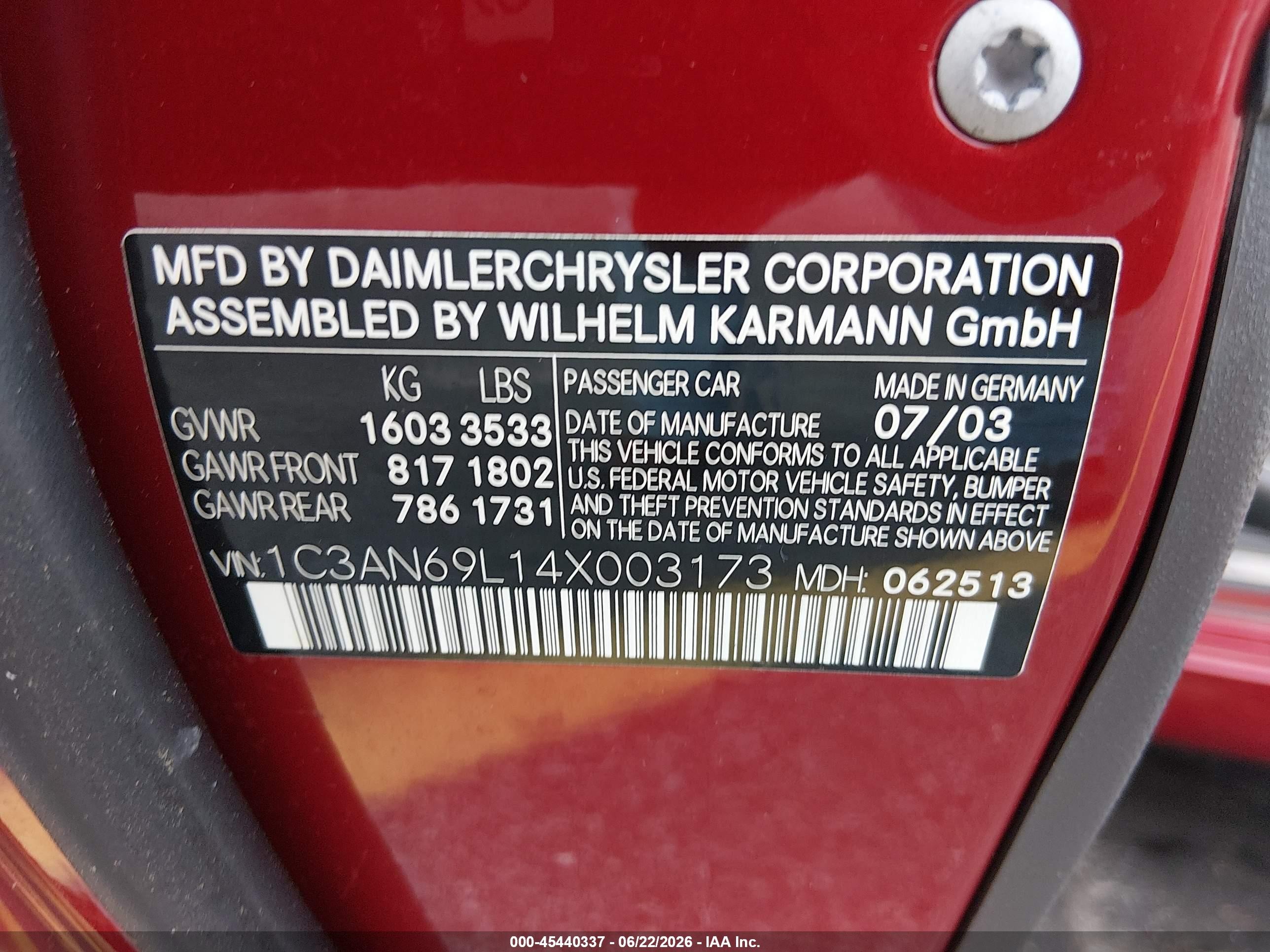 2004 Chrysler Crossfire   Red vin: 1C3AN69L14X003173