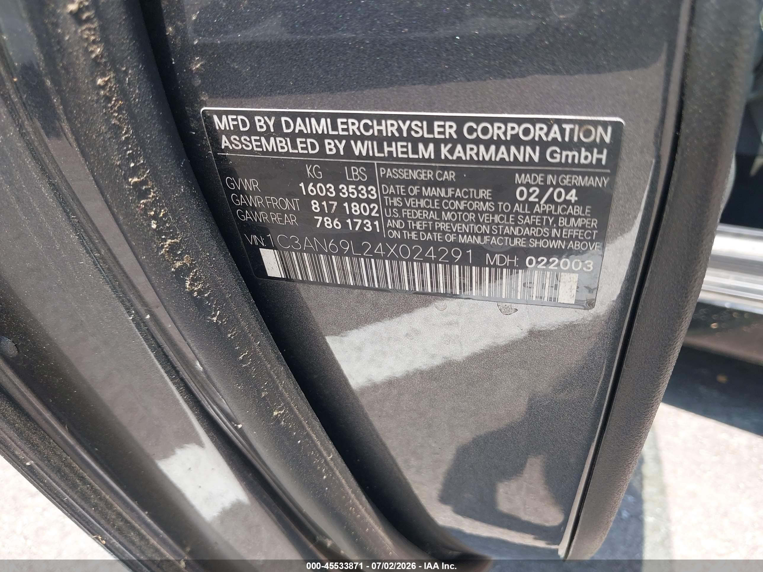 2004 Chrysler Crossfire   Black vin: 1C3AN69L24X024291