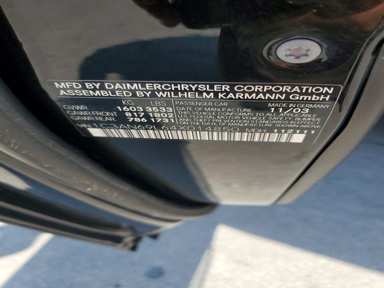 2004 Chrysler Crossfire Limited Black vin: 1C3AN69L64X014850
