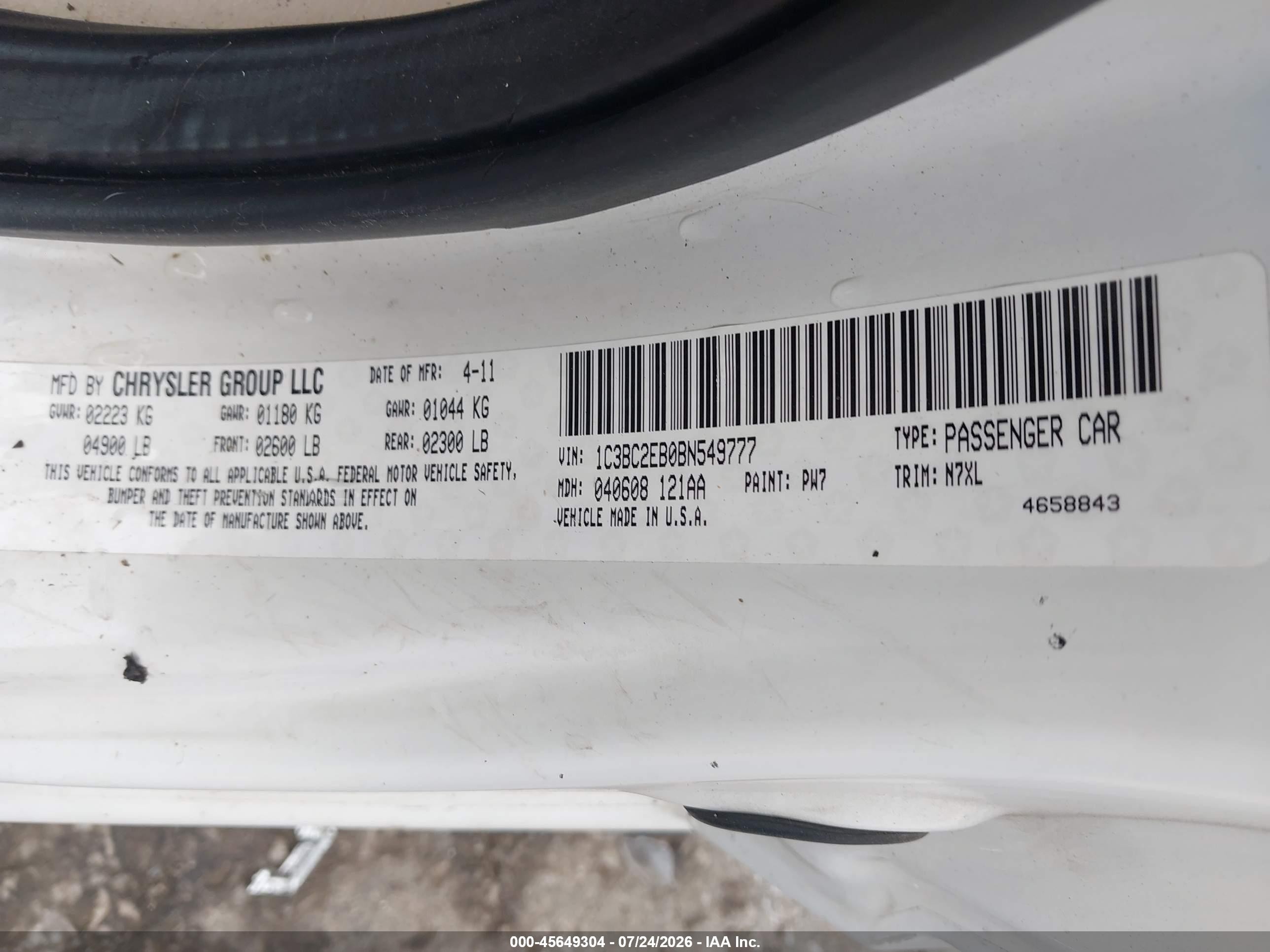 2011 Chrysler 200 Touring White vin: 1C3BC2EB0BN549777