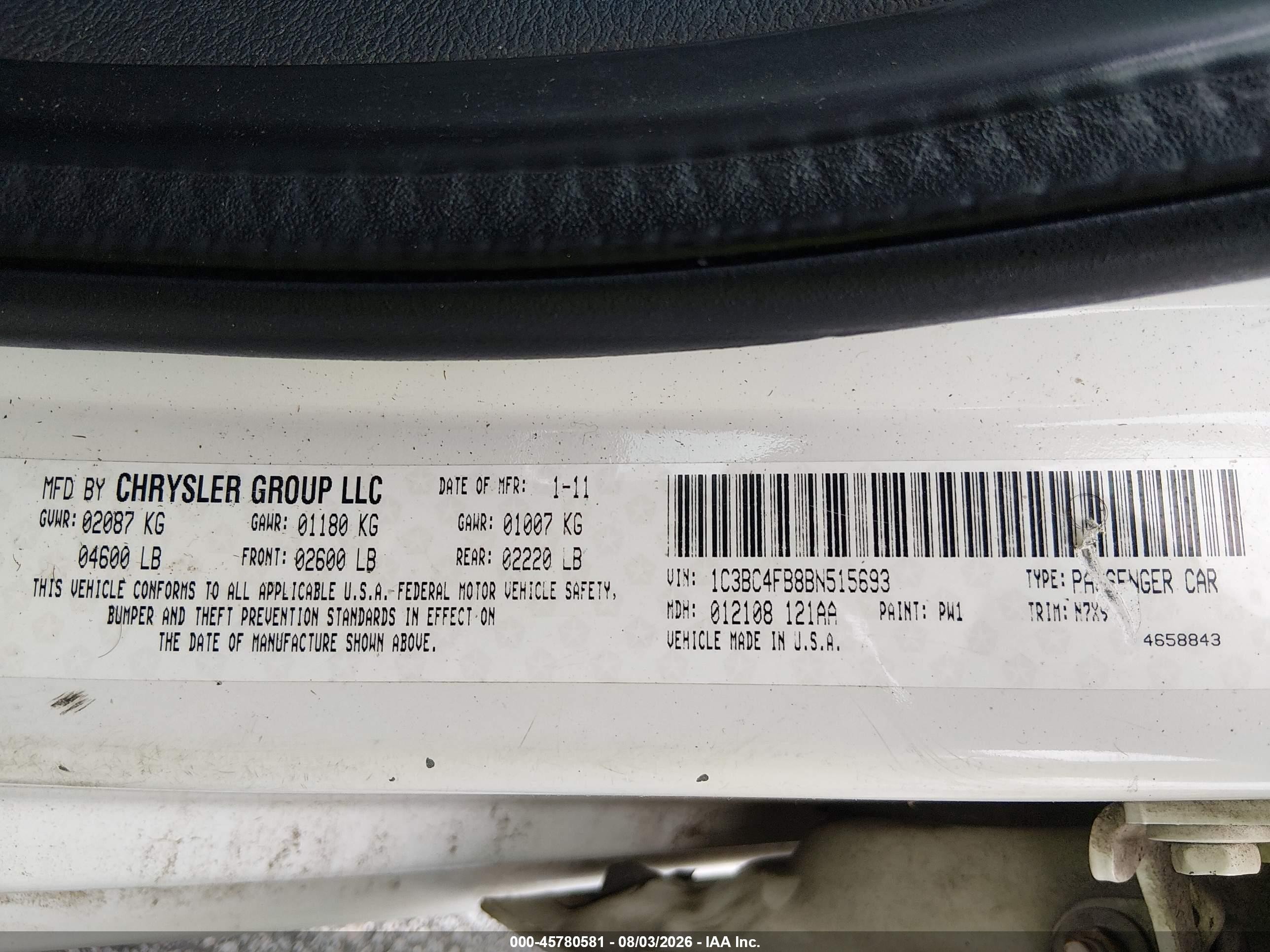 2011 Chrysler 200 Lx White vin: 1C3BC4FB8BN515693