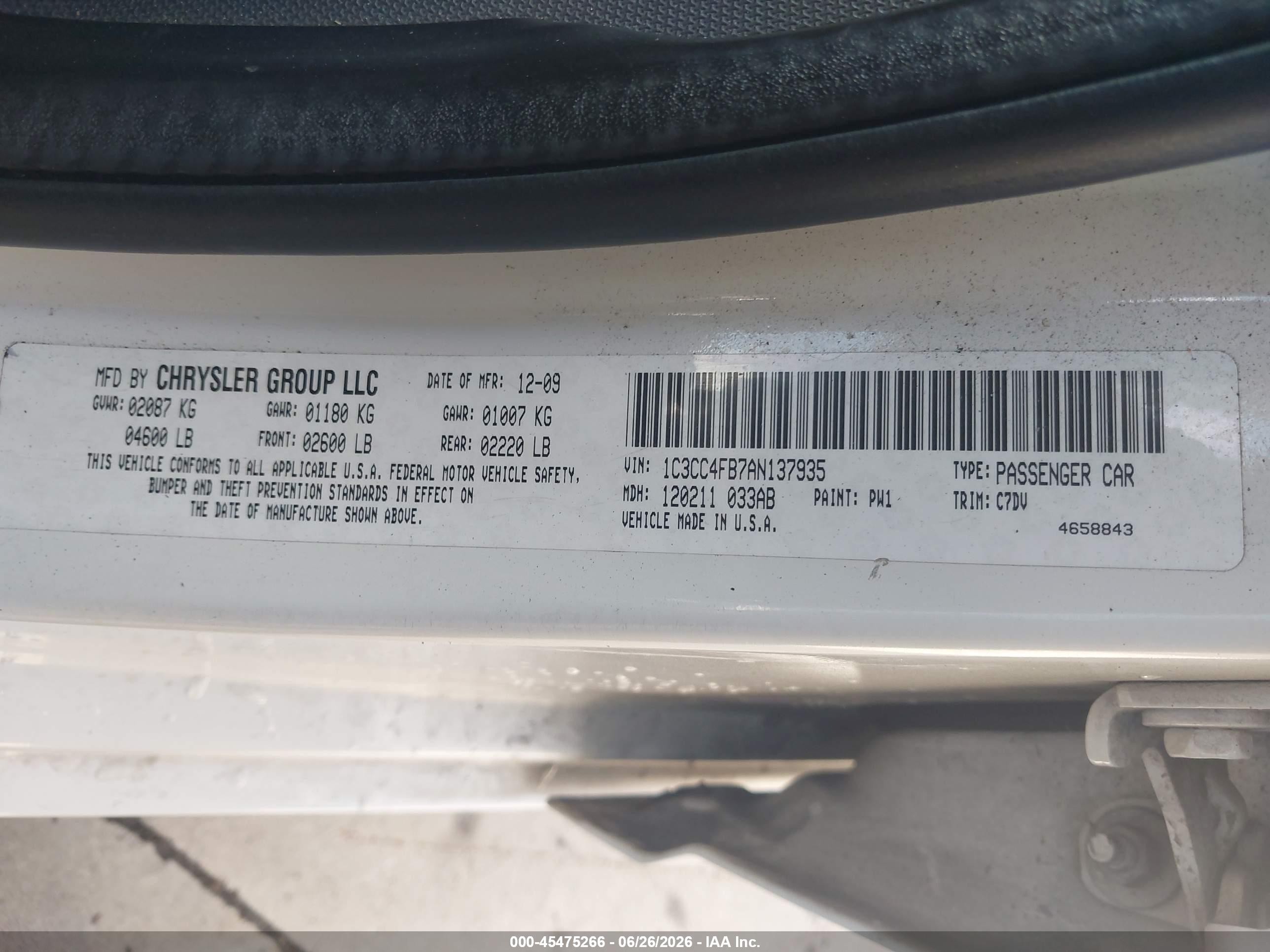 2010 Chrysler Sebring Touring White vin: 1C3CC4FB7AN137935