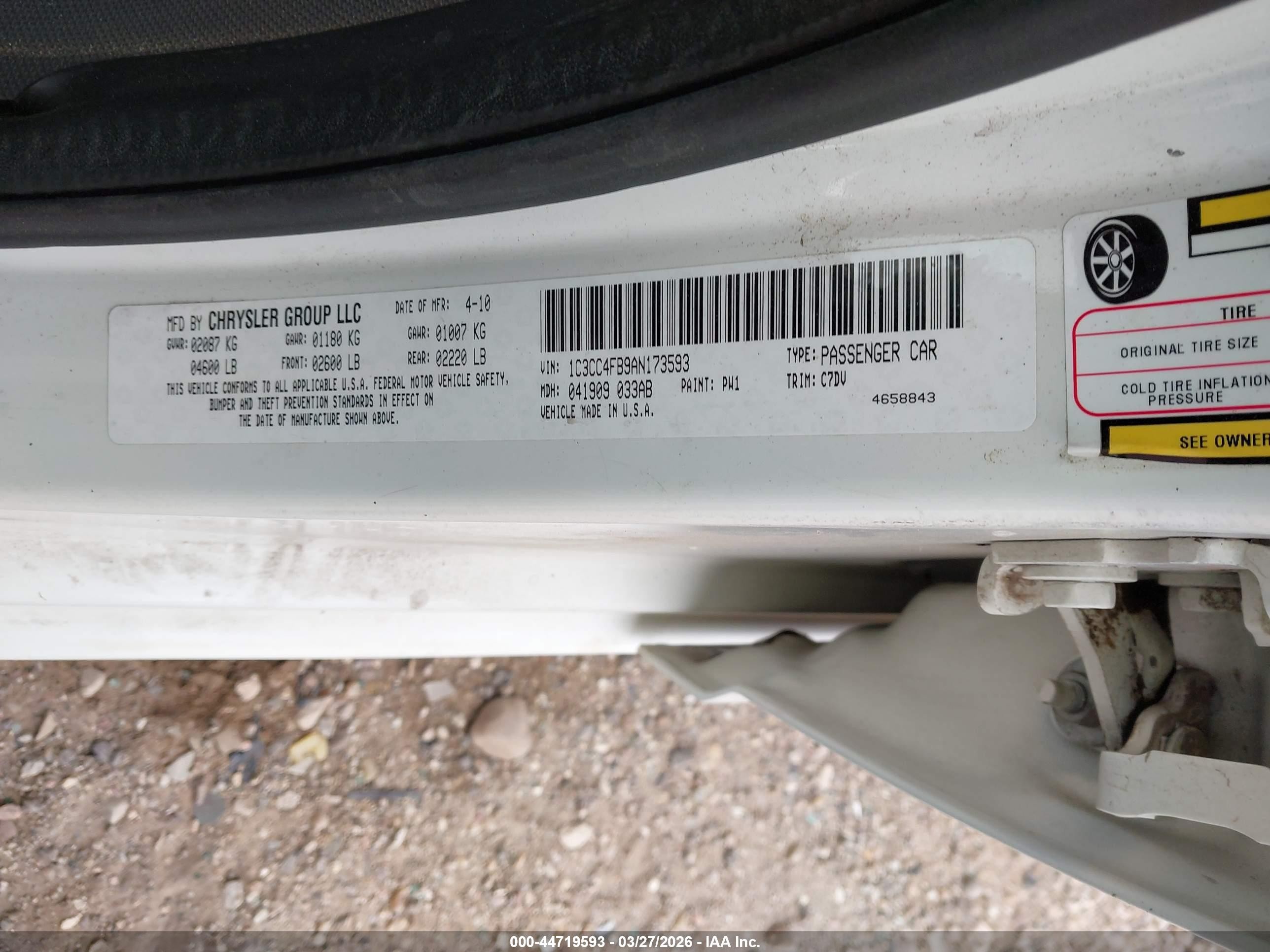 2010 Chrysler Sebring Touring White vin: 1C3CC4FB9AN173593