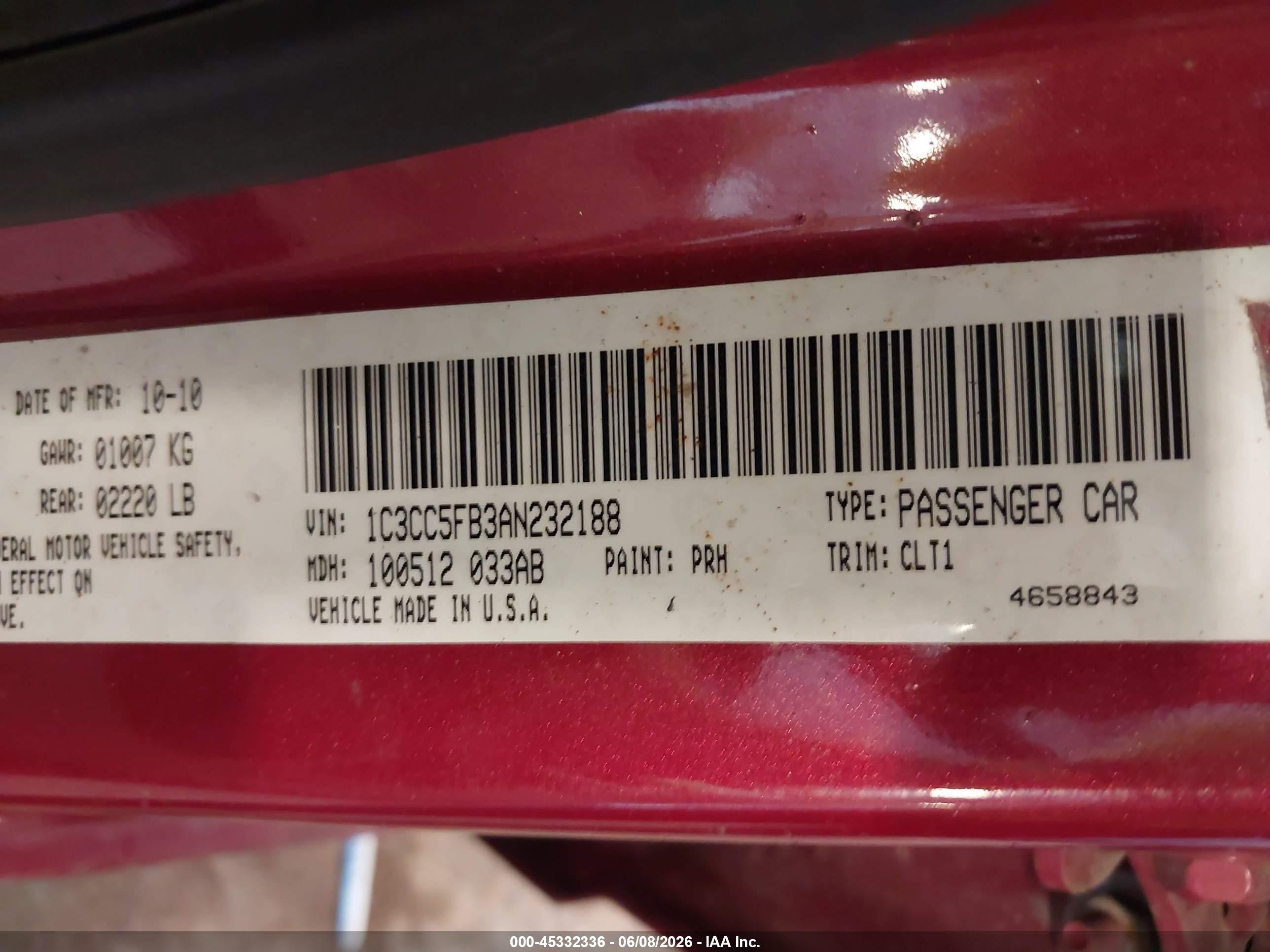 2010 Chrysler Sebring Limited Red vin: 1C3CC5FB3AN232188