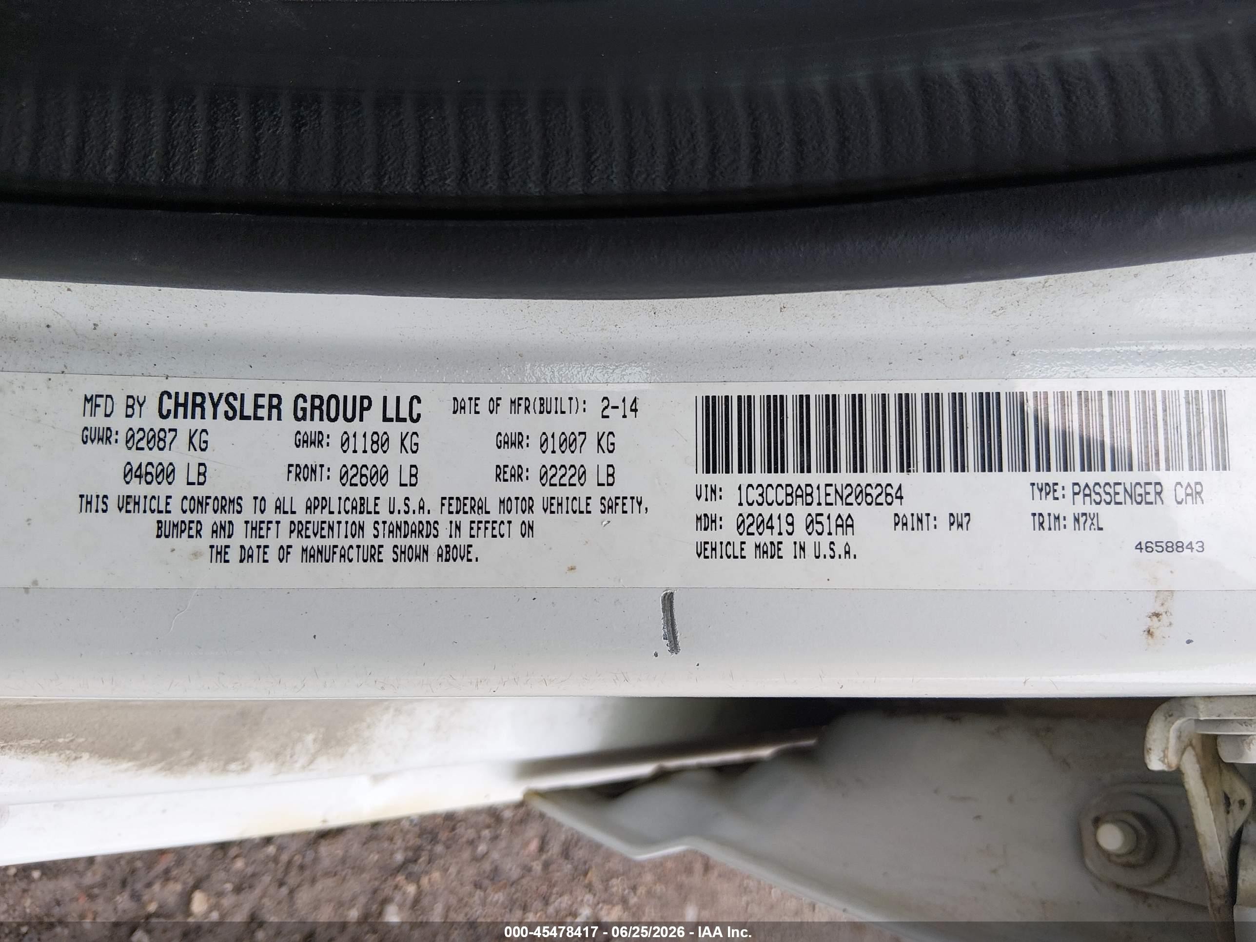 2014 Chrysler 200 Lx White vin: 1C3CCBAB1EN206264