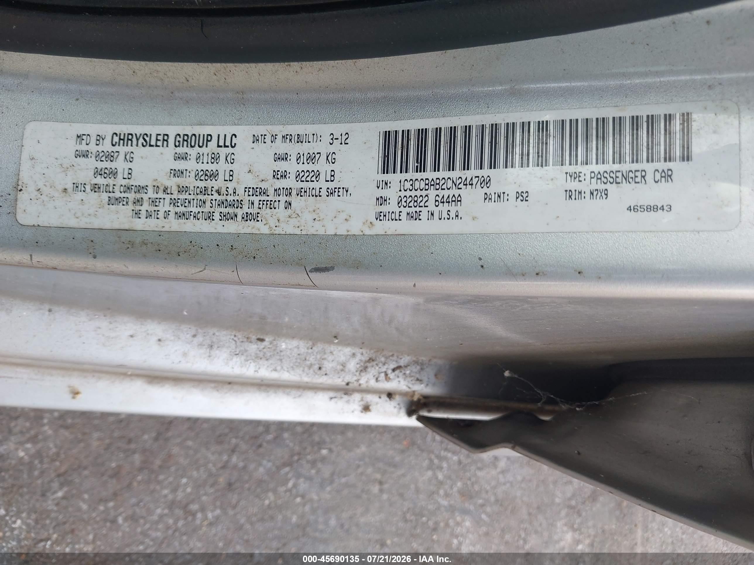2012 Chrysler 200 Lx Silver vin: 1C3CCBAB2CN244700