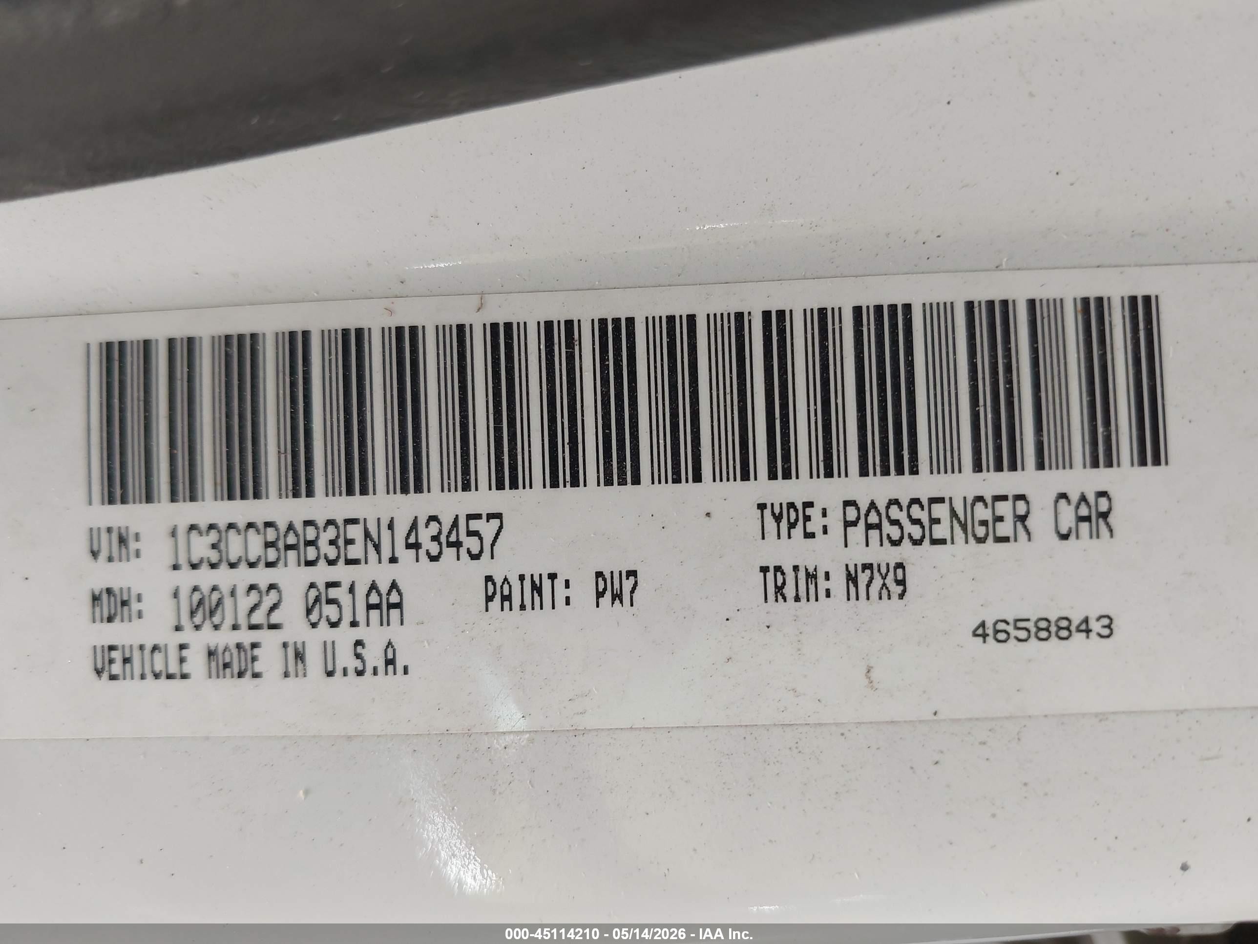 2014 Chrysler 200 Lx White vin: 1C3CCBAB3EN143457