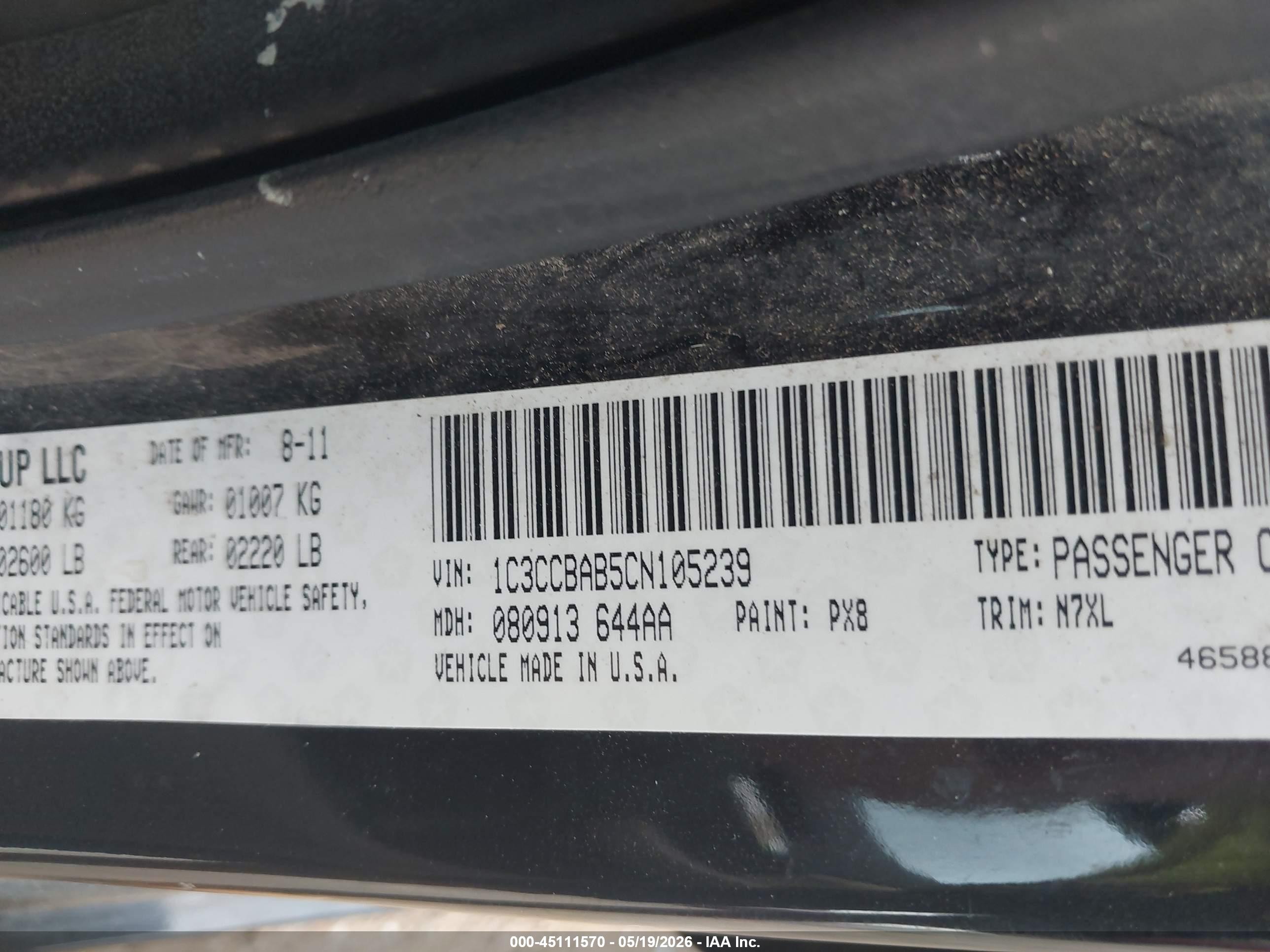 2012 Chrysler 200 Lx Черный vin: 1C3CCBAB5CN105239