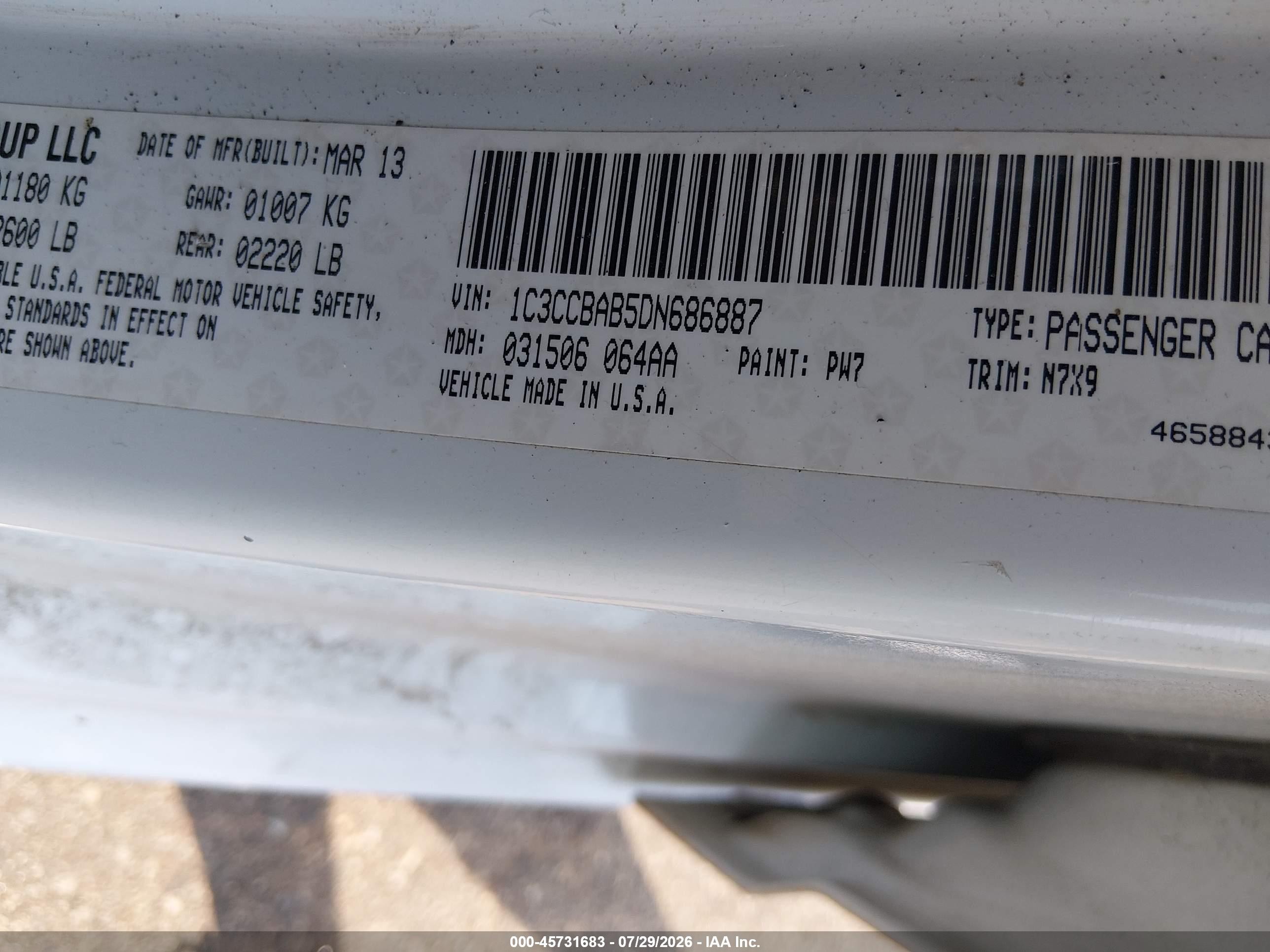 2013 Chrysler 200 Lx White vin: 1C3CCBAB5DN686887