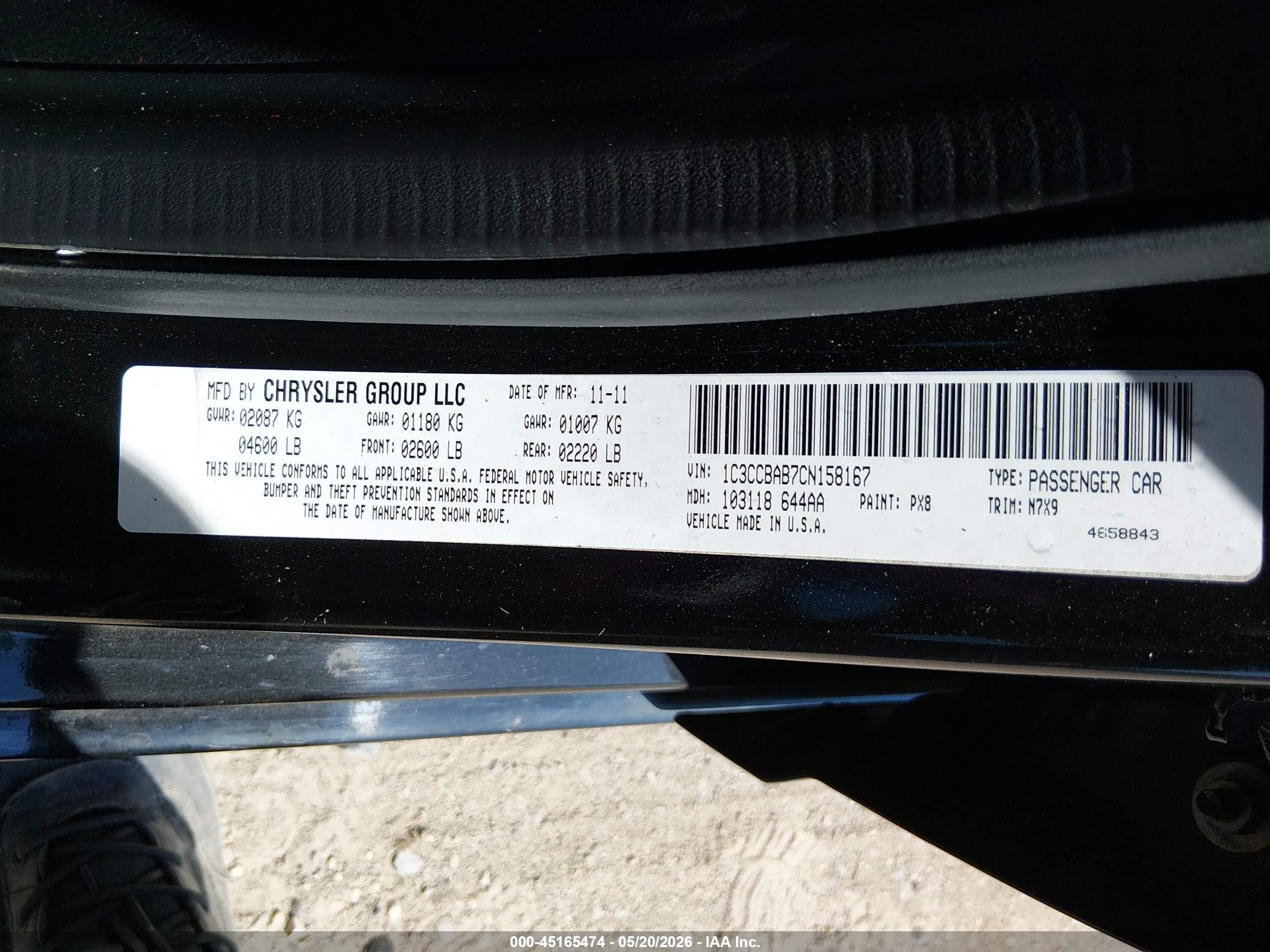 2012 Chrysler 200 Lx Black vin: 1C3CCBAB7CN158167