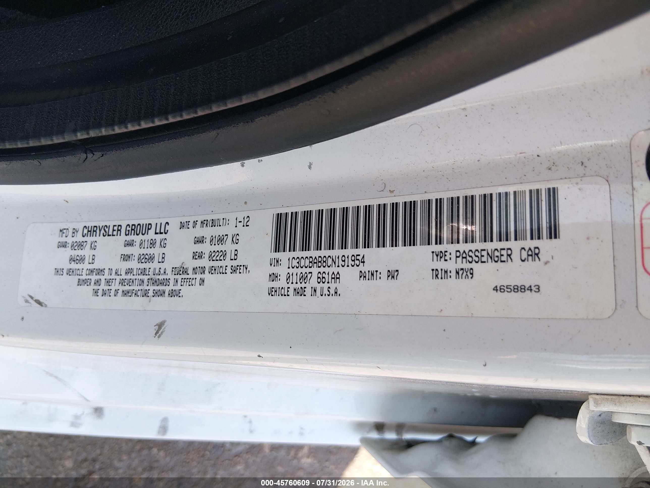 2012 Chrysler 200 Lx White vin: 1C3CCBAB8CN191954